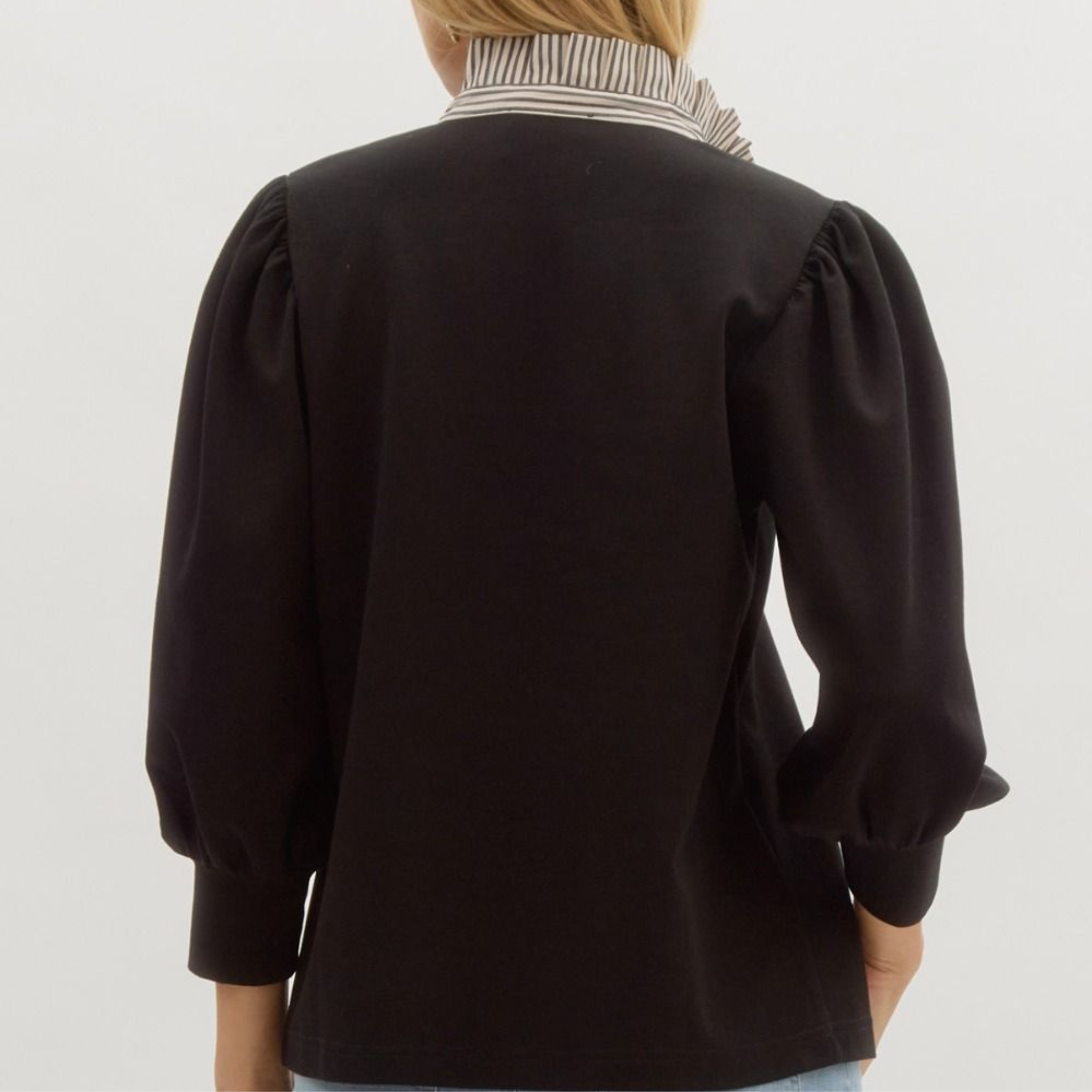 Balloon Sleeve Popover Top with Contrast Ruffle Neck