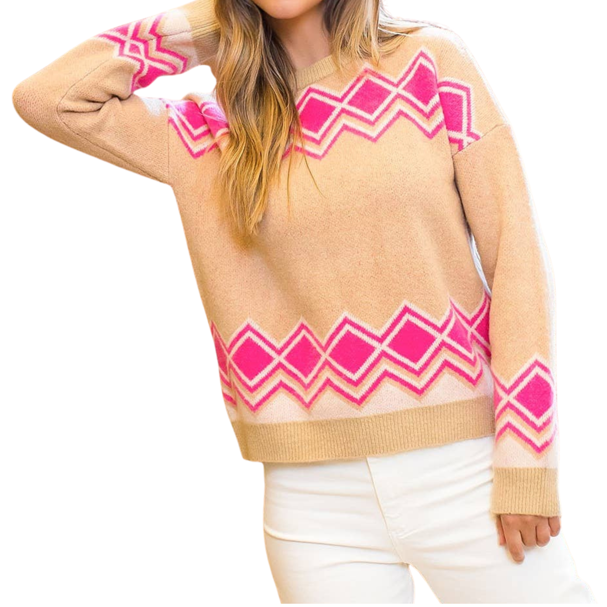 Knit Crewneck Sweater | Beige & Pink