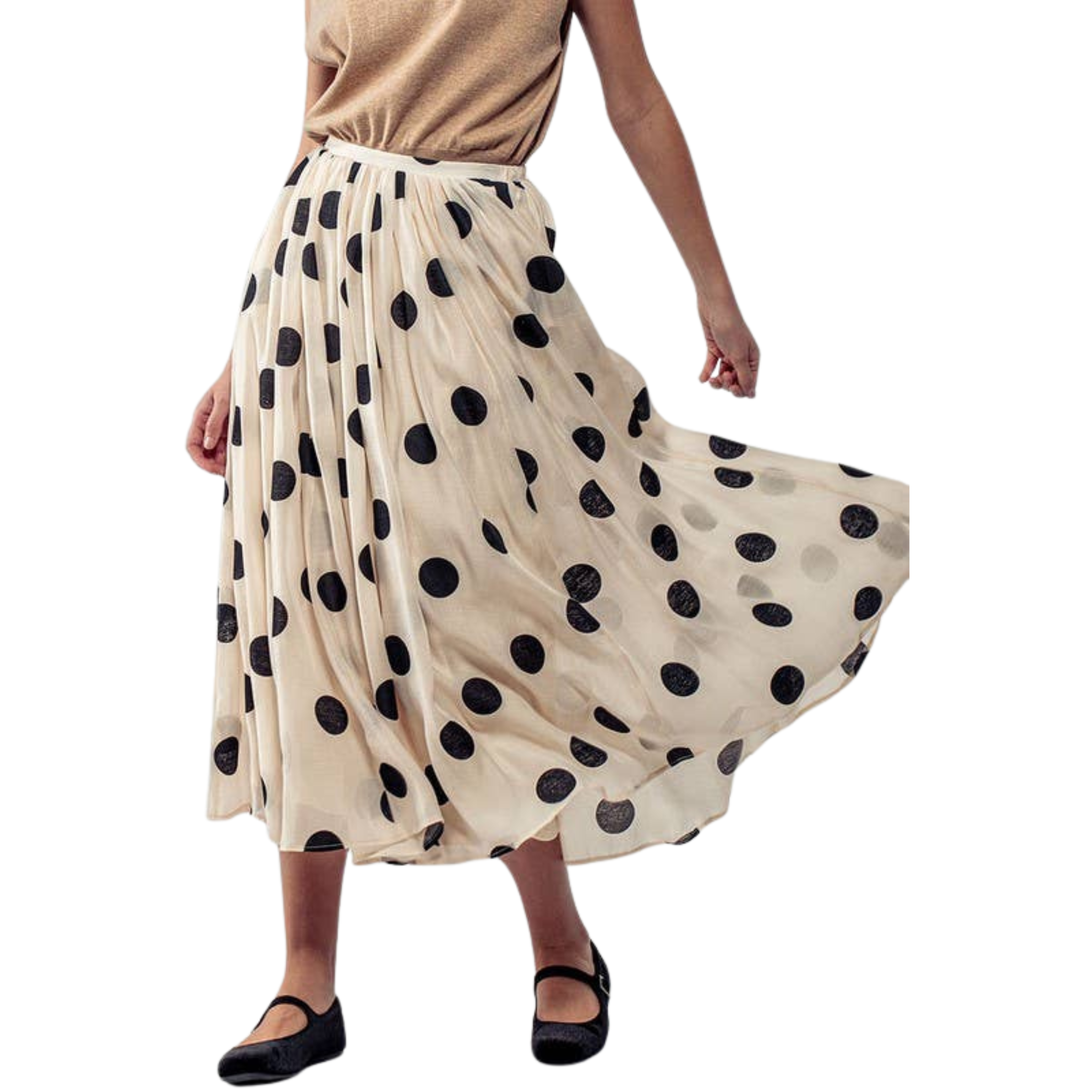 Polka Dot Elastic Waist Midi Skirt | Cream