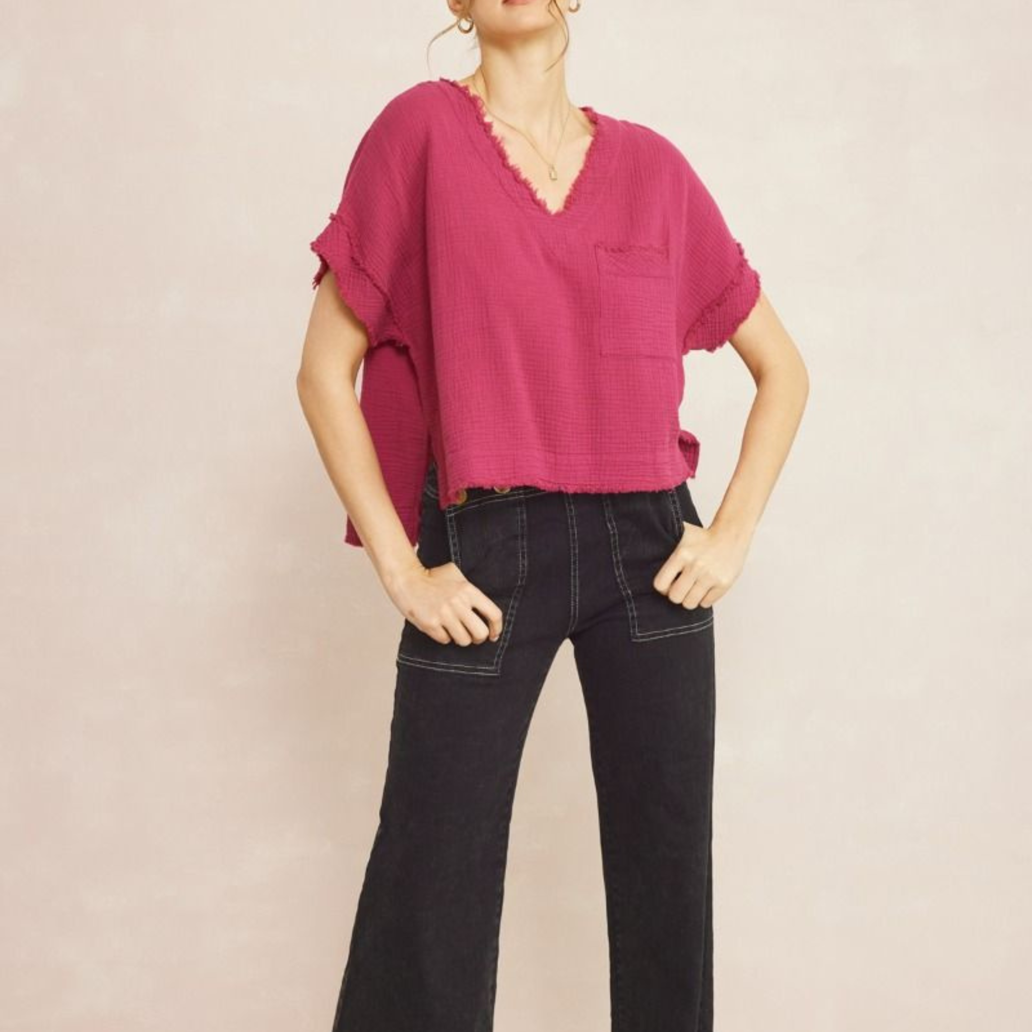 Solid Textured Hi-Lo Short Sleeve Top