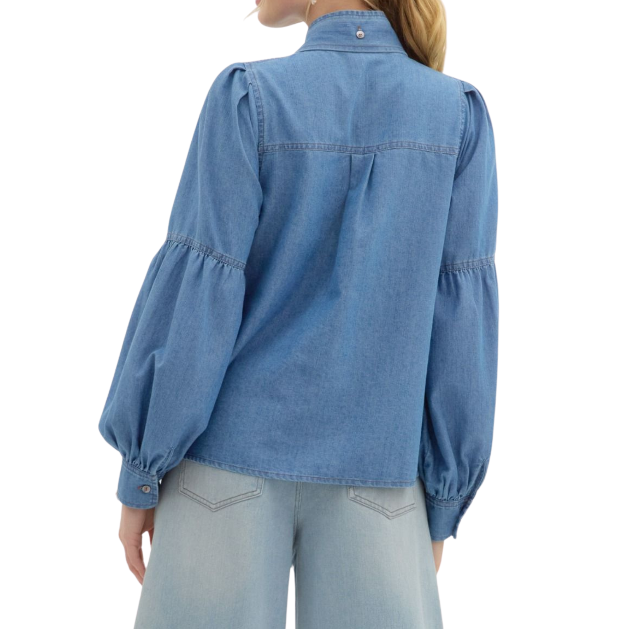 Denim Bow Tie Puff Sleeve Blouse