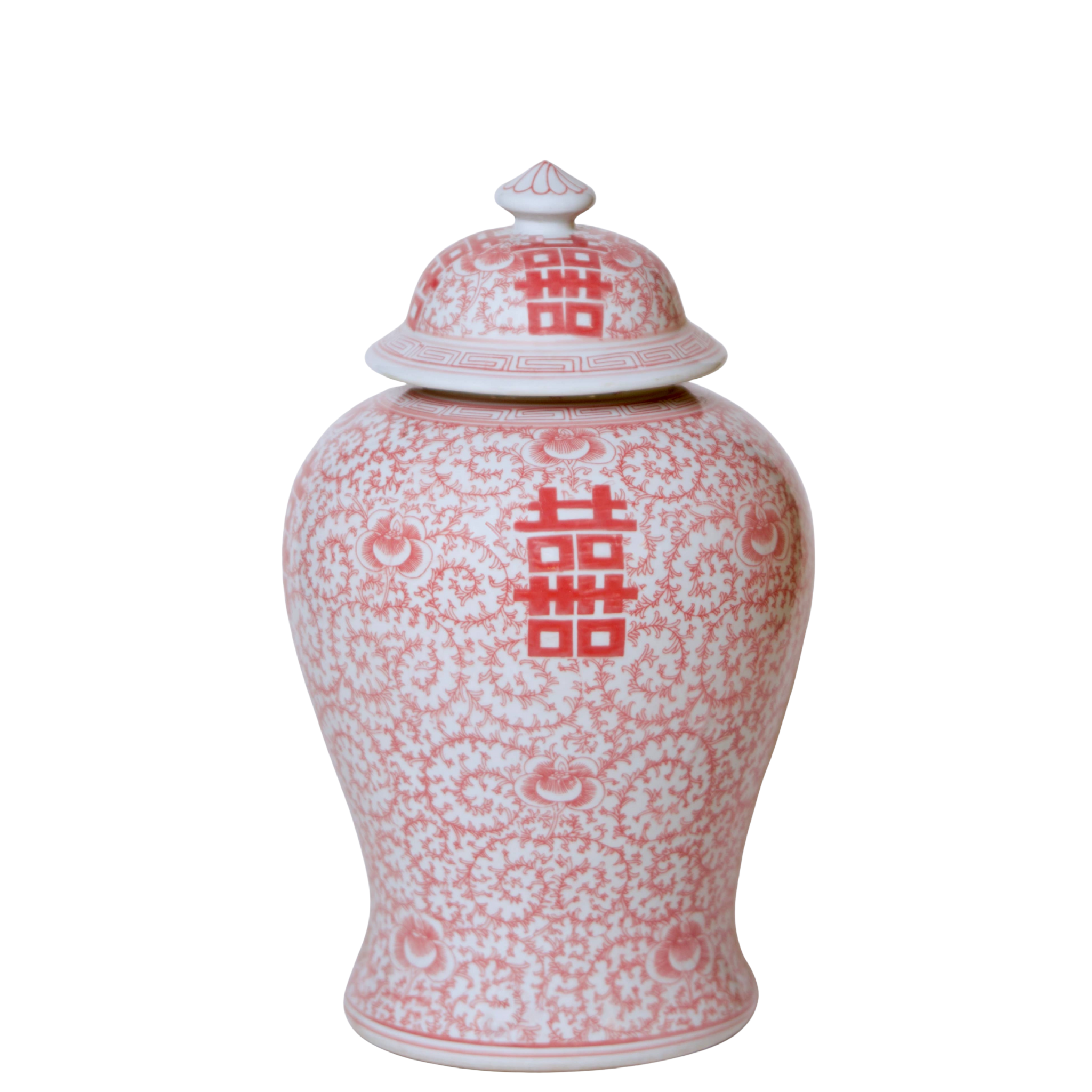 Double Happiness Red & White Porcelain Temple Jar
