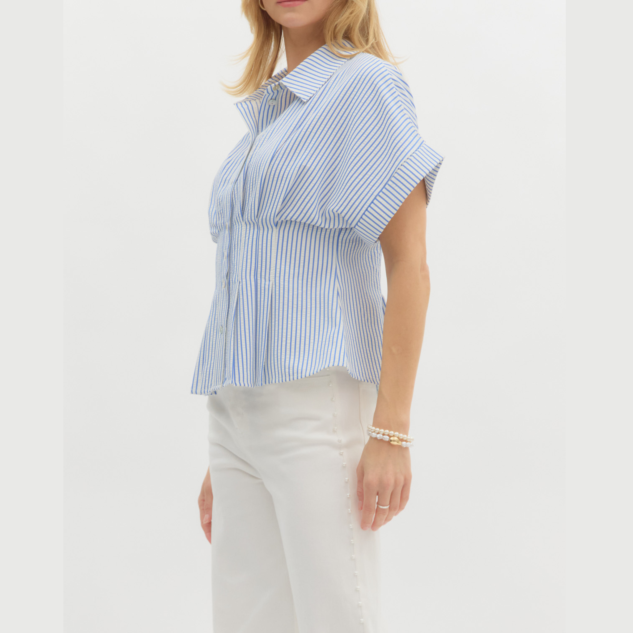 The Harper Pleated Stripe Blouse | Blue