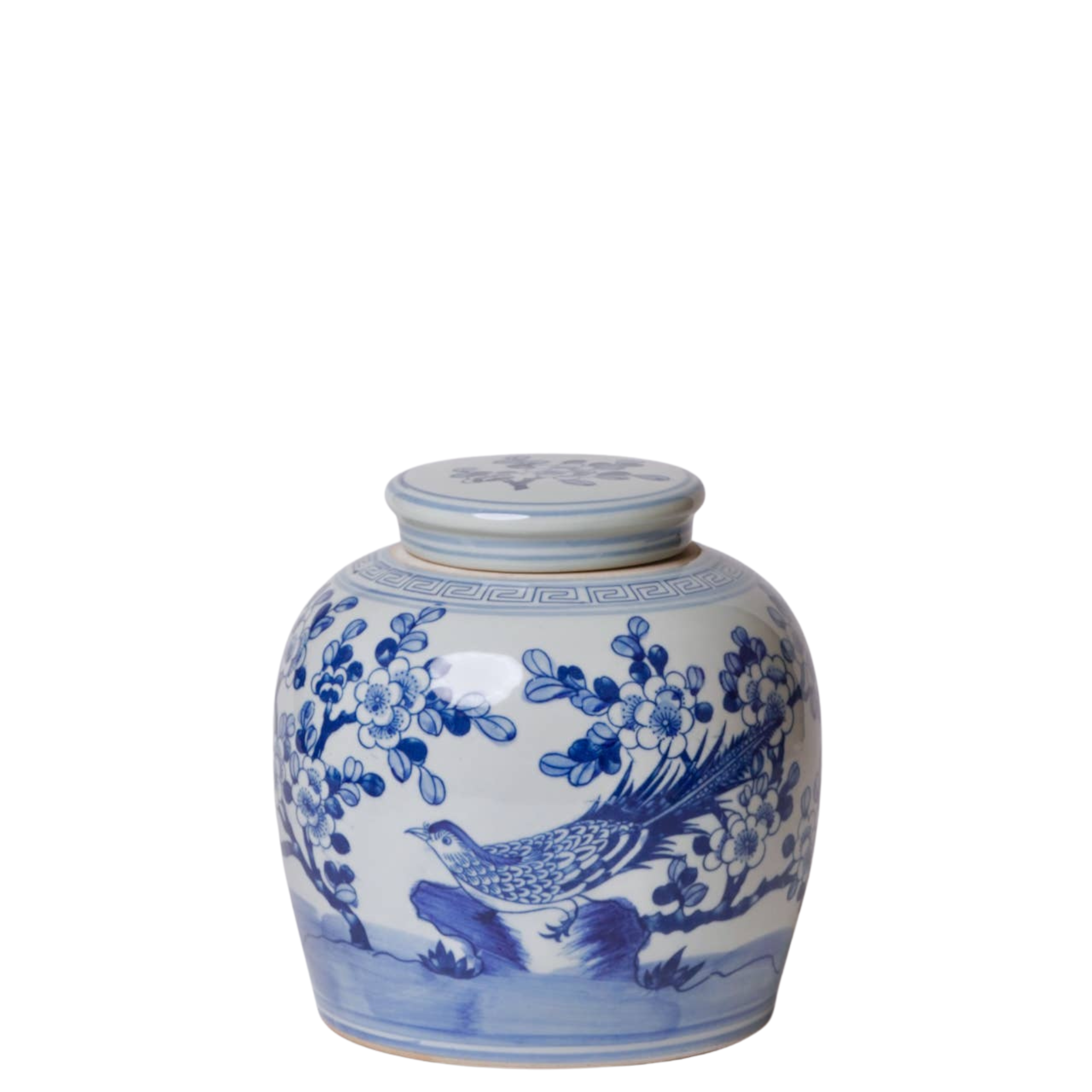 Blue and White Porcelain Pheasant and Flower Round Jar
