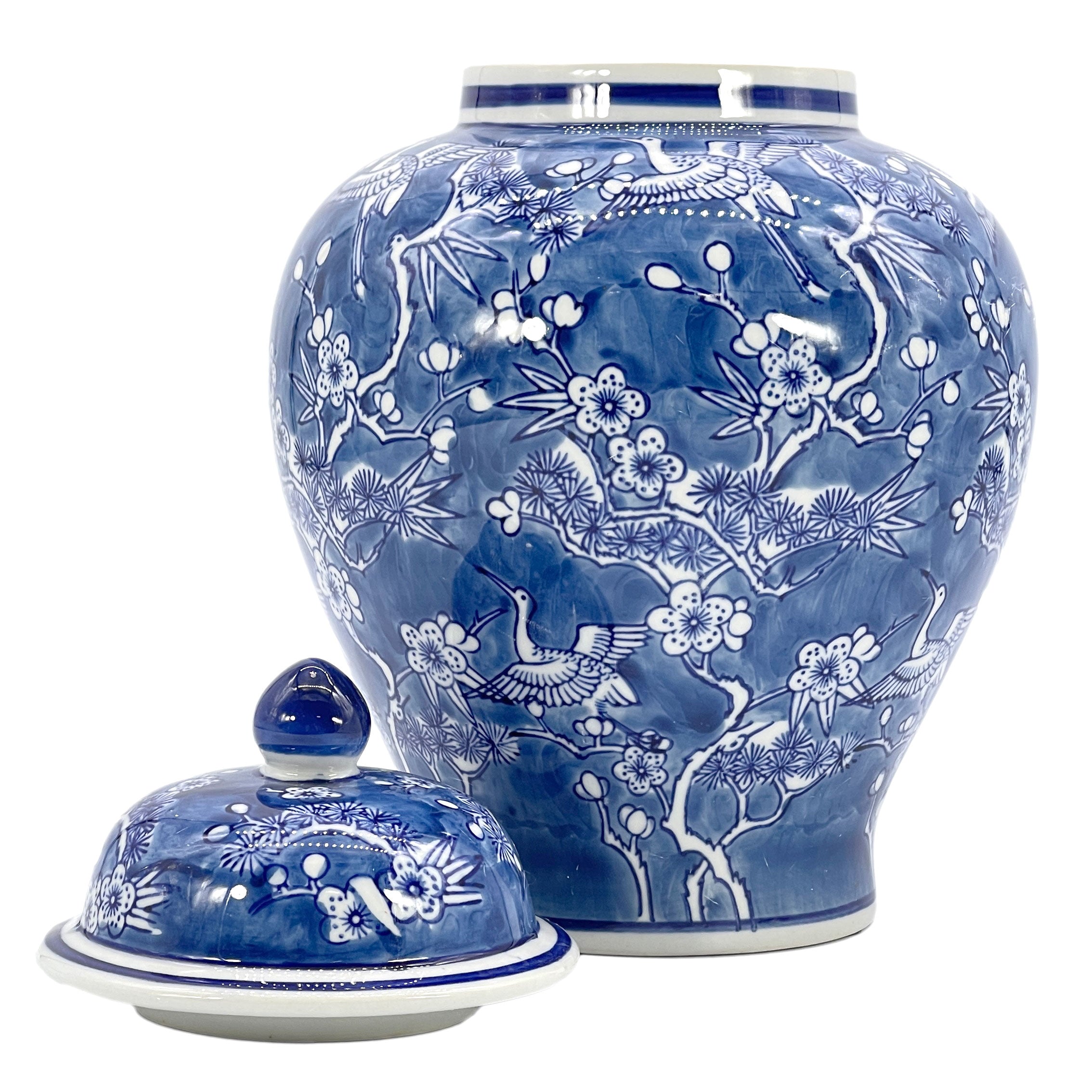 Blue & White Floral Crane Chinoiserie Jar 12"