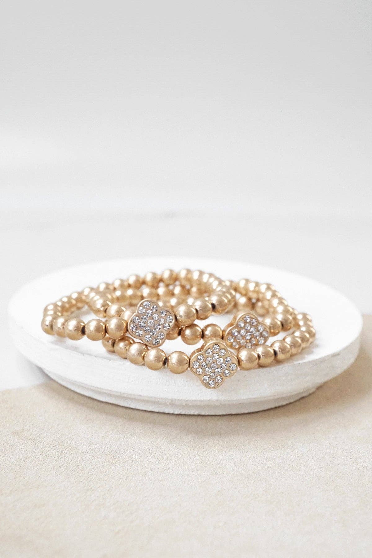 Crystal Clover & Gold Beads Bracelet Stack