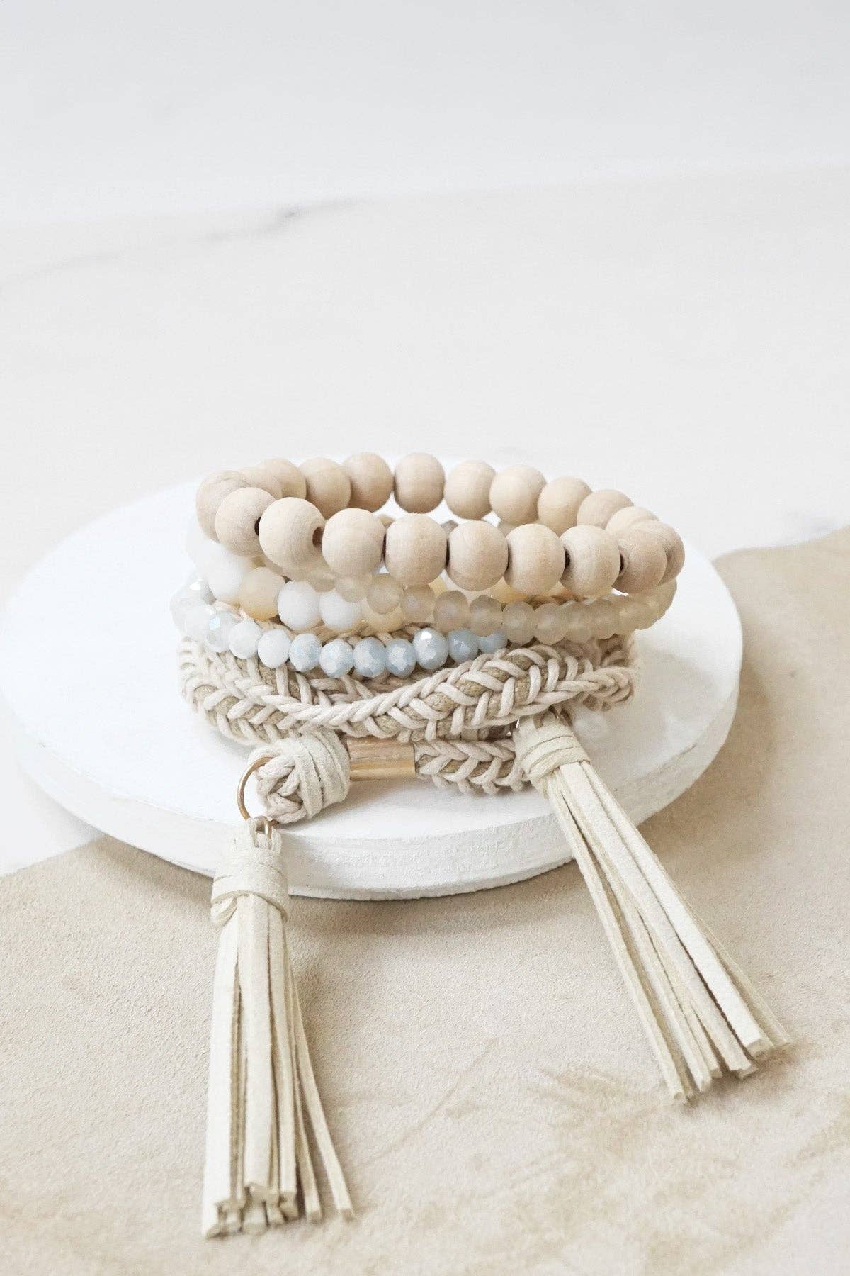 Boho Wrap Tassels & Beads Bracelet Stack | Cream