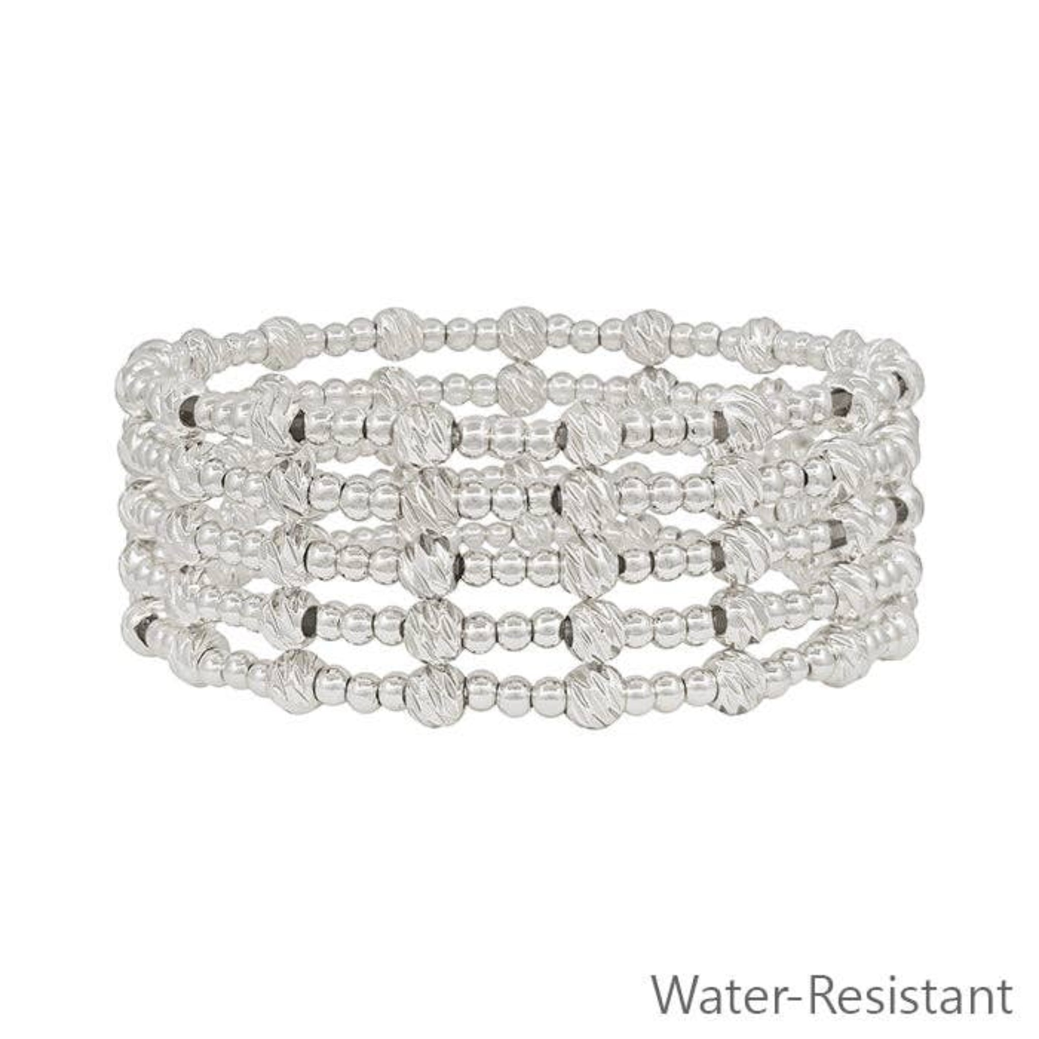 Water Resistant Silver Beaded Stretch Bracelets | Set Of 5