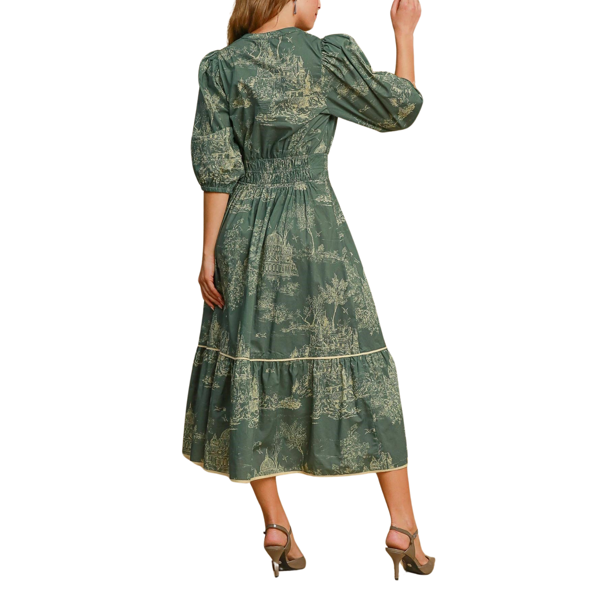 Toile Print Tiered Midi Dress