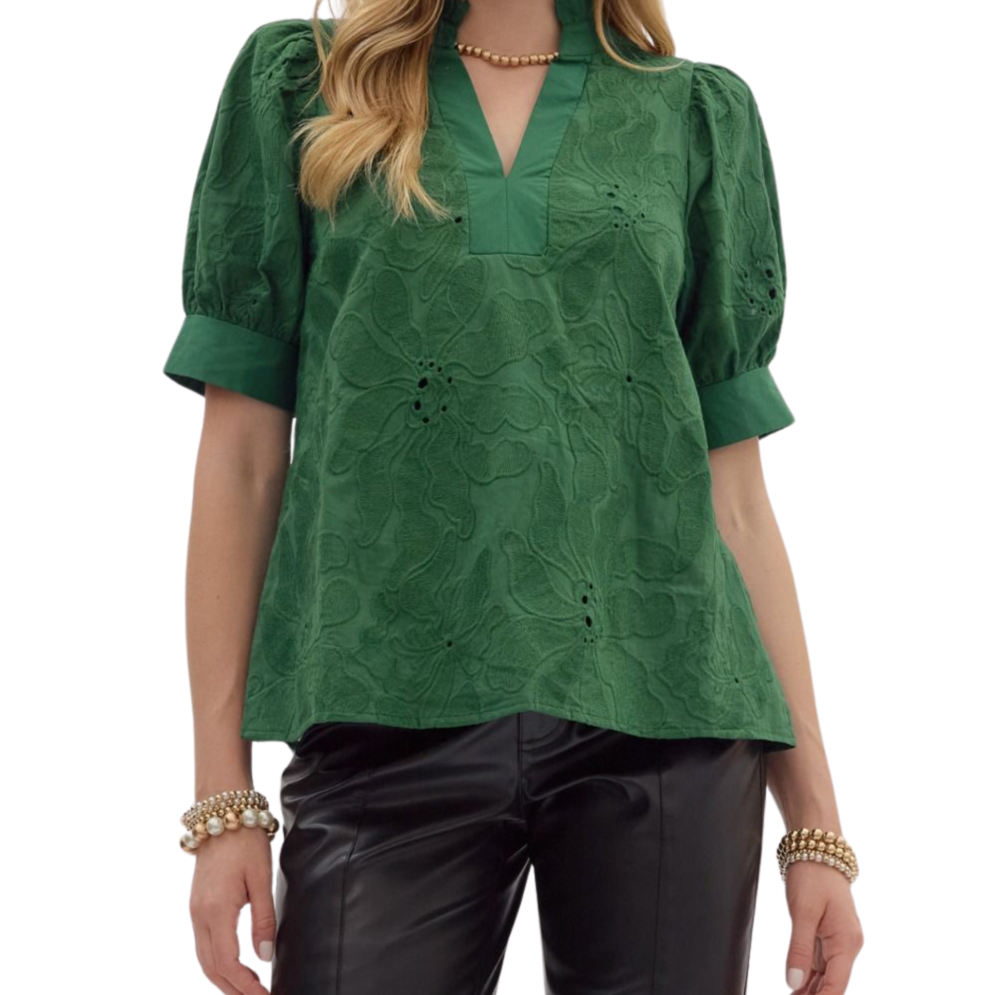 Embroidered Puff Sleeve Top | Green