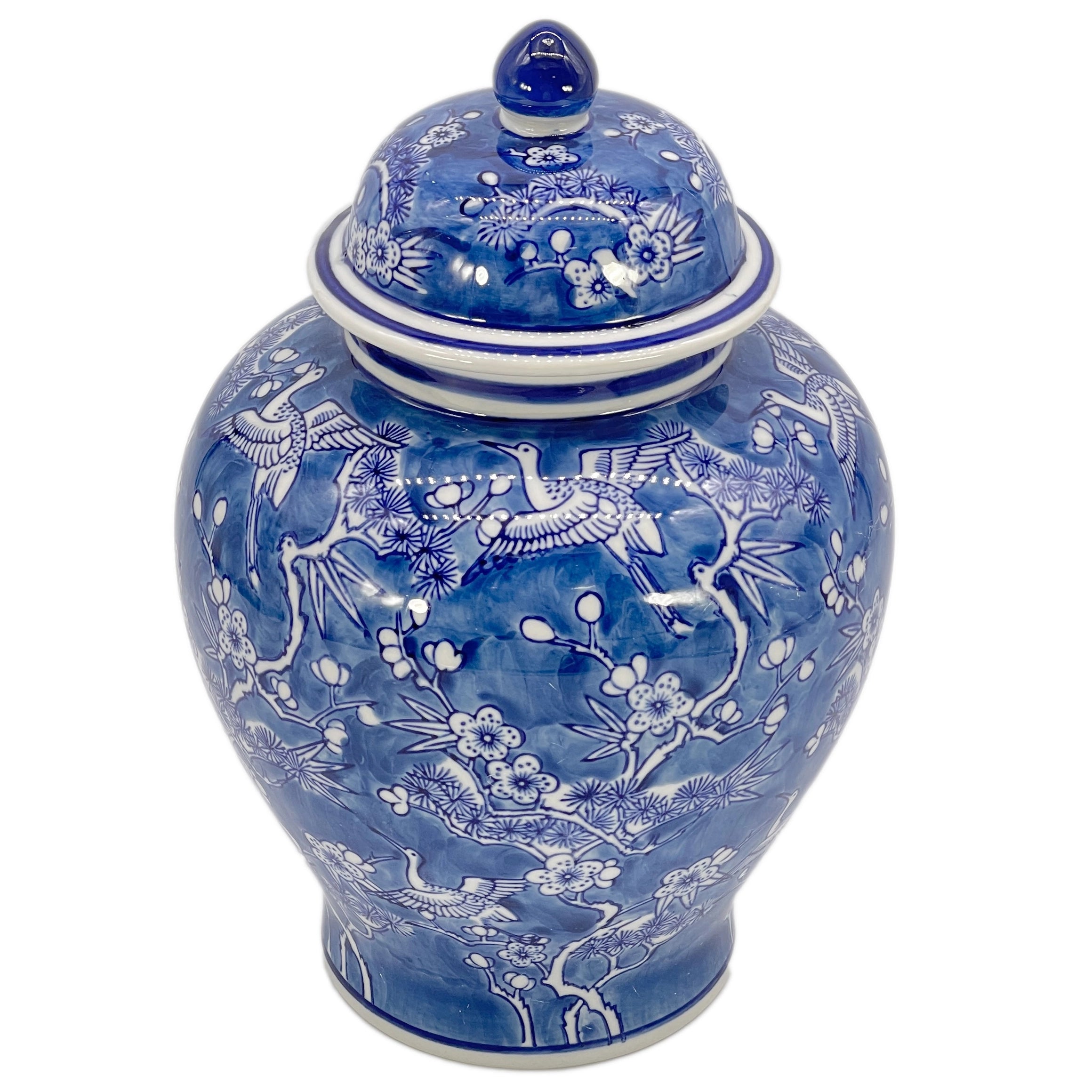 Blue & White Floral Crane Chinoiserie Jar 12"