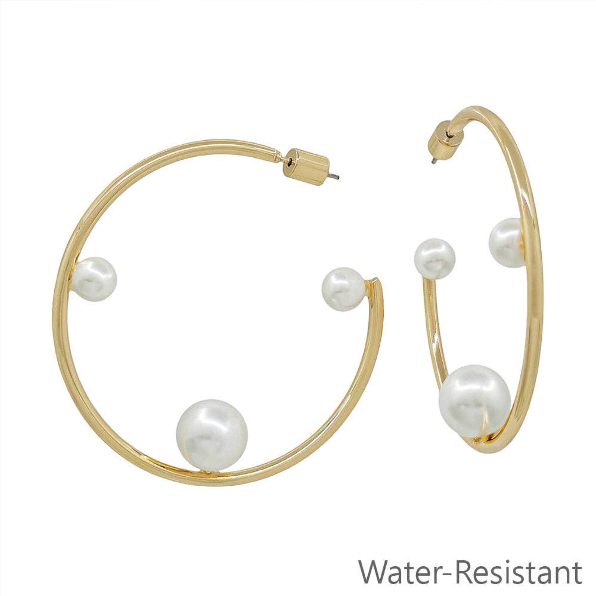 Water-Resistant Gold Metal Hoop Earrings with 3 Pearls