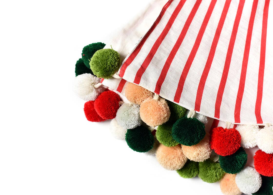 Red Stripe Tree Skirt with Pom Poms