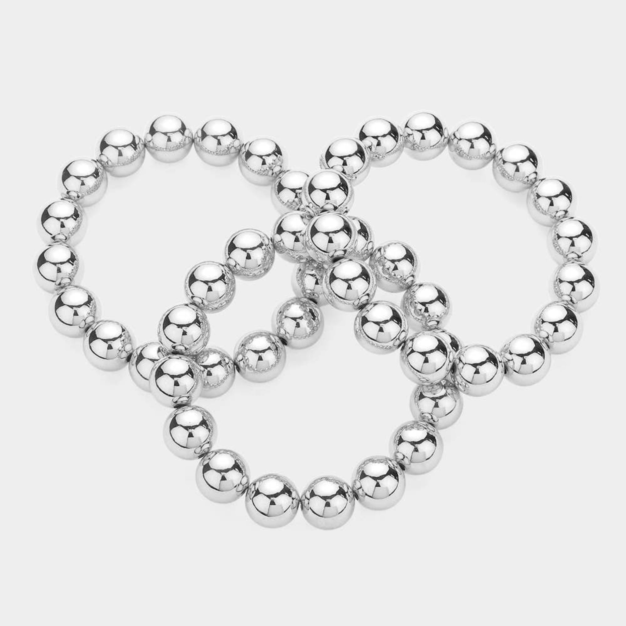 Rhodium Chunky Metal Ball Multi Layered Stretch Bracelets | Set Of 3