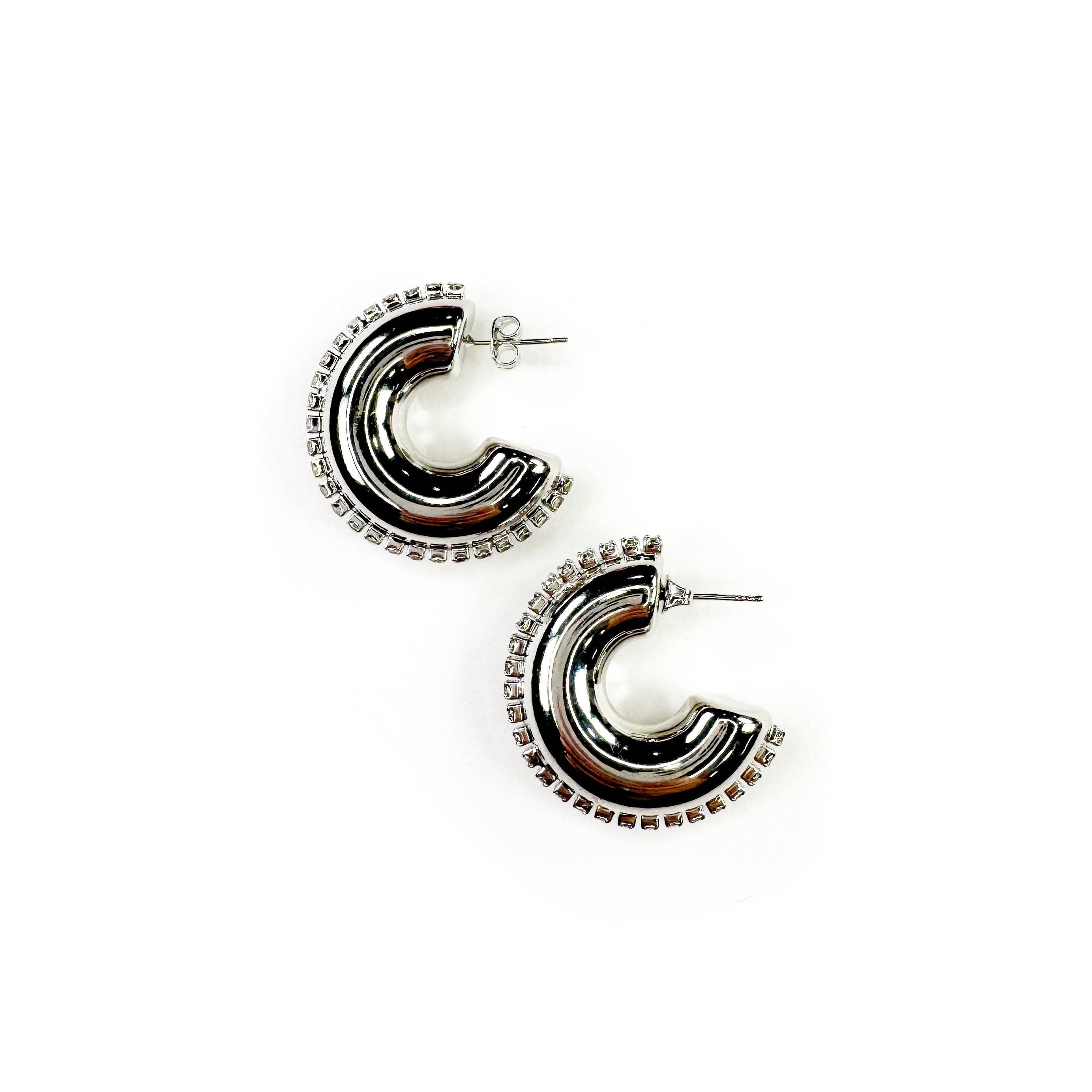 Silver Cz Rhinestone Hoop Earrings