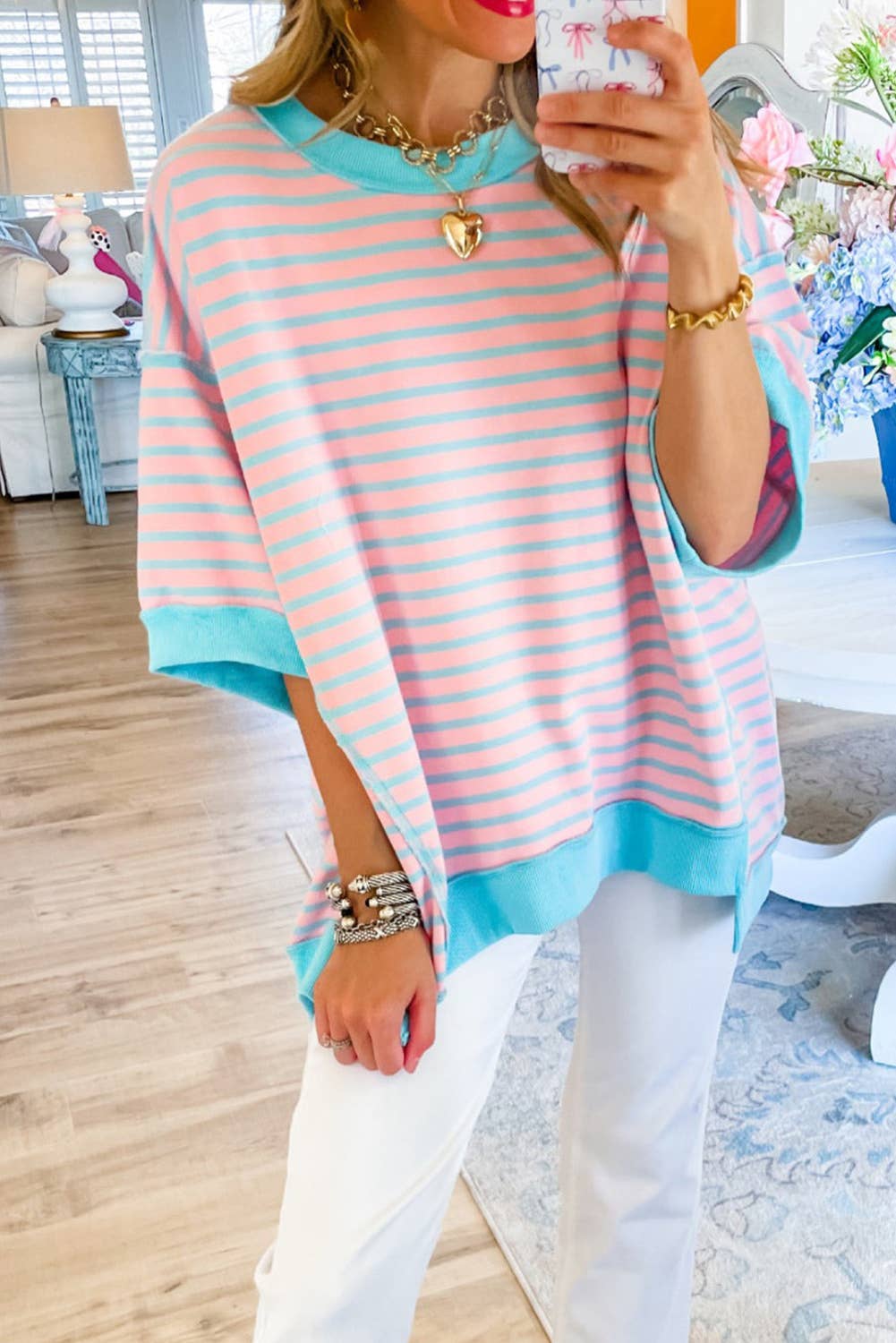 Pink Stripe Light Pink & Blue Stripe French Terry Top