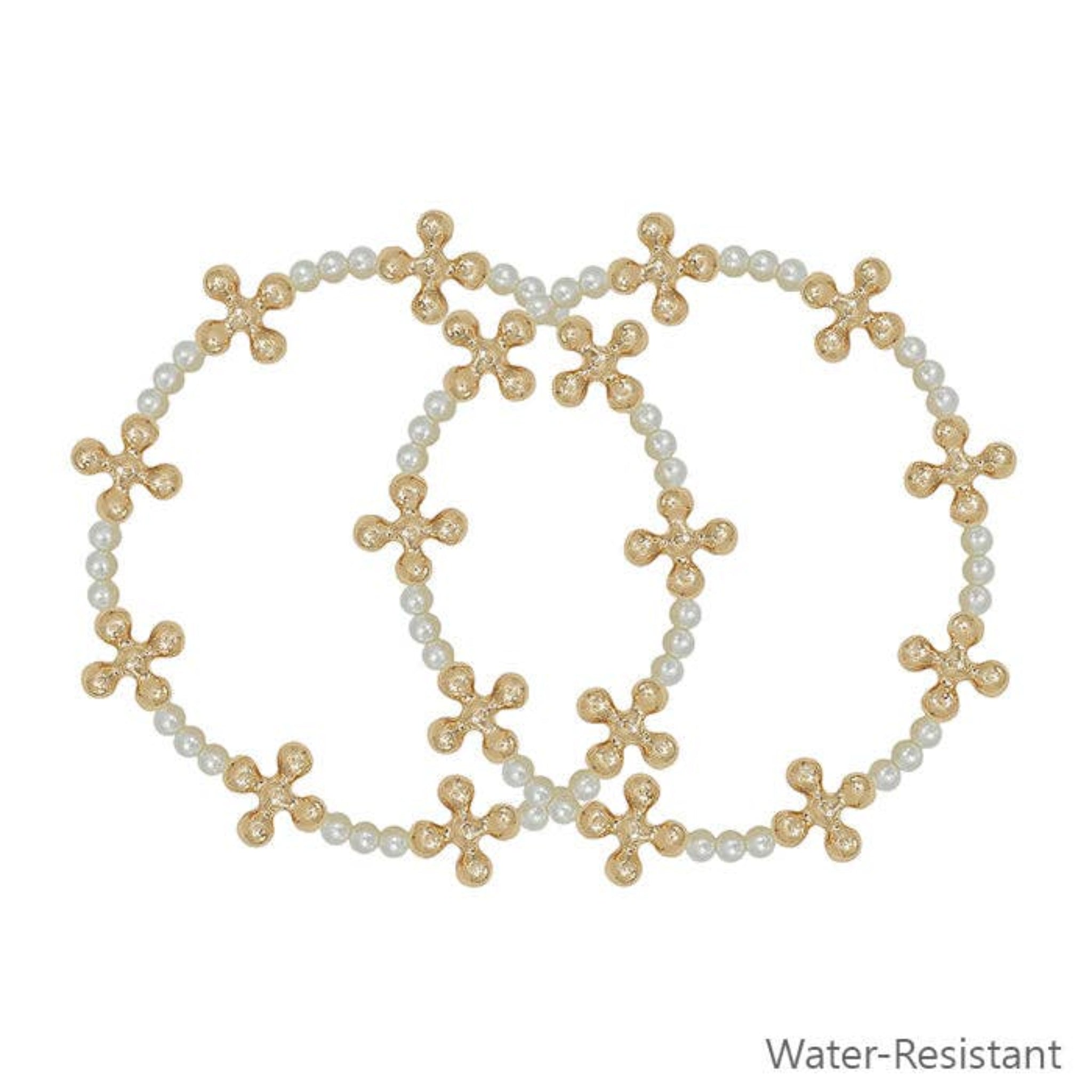 Water-Resistant Gold Beaded Cross Stretch Bracelet Set With Pearls | Set of 2