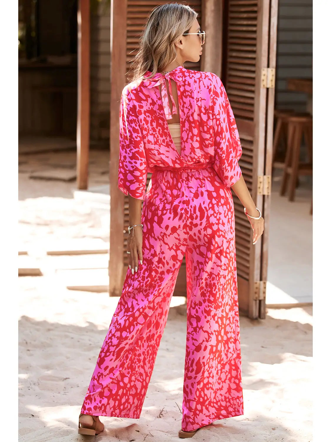 Leopard Loose Sleeve Belted Wide Leg Jumpsuit