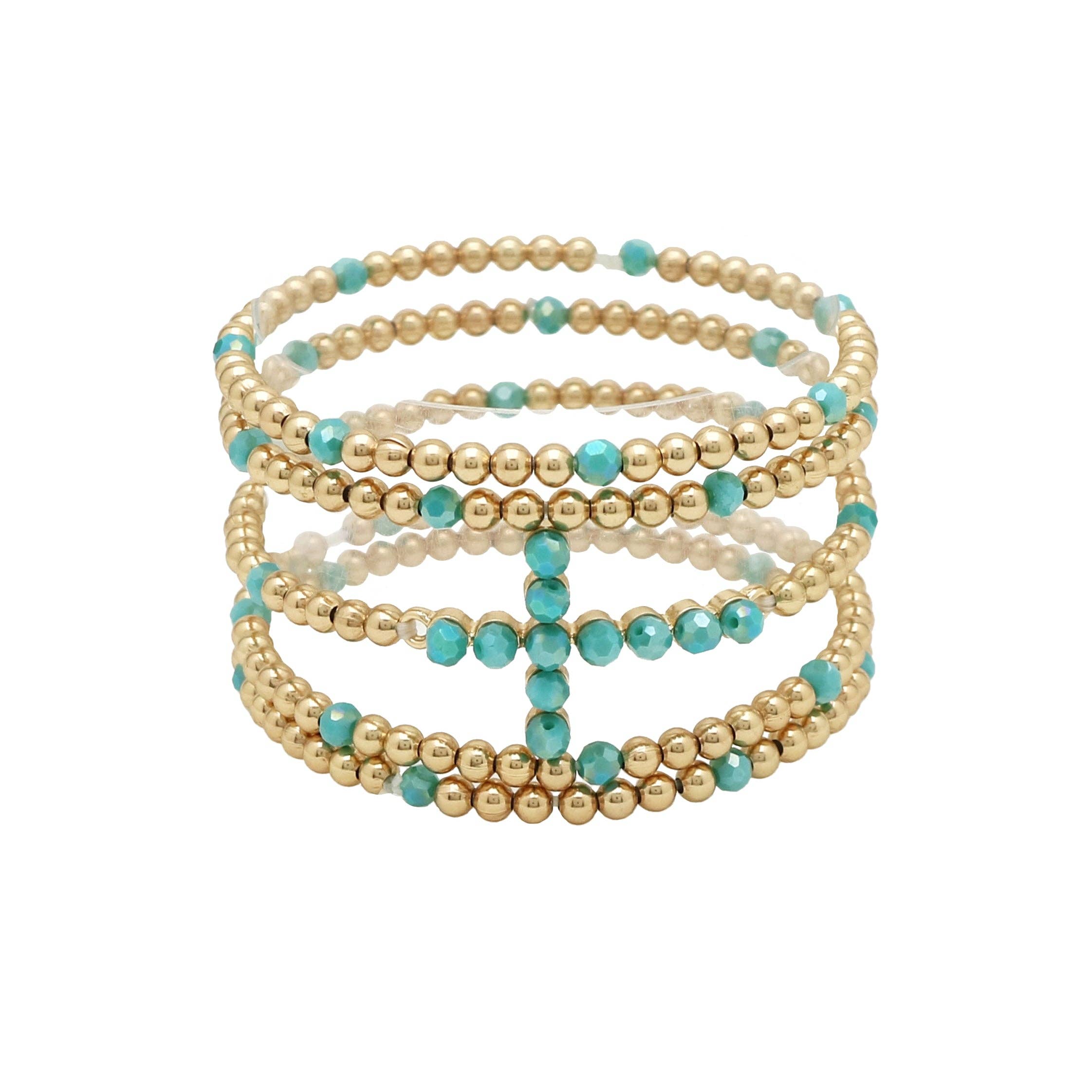 Beaded Gold & Turquoise Cross Stretch Bracelets | Set of 5