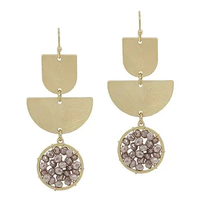 Gold Geometric Triple Layer W Dark Pink Crystal 2" Earring