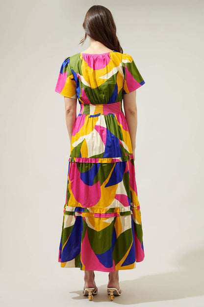 Rio Abstract Palmer Poplin Tiered Maxi Dress: Khaki Multi