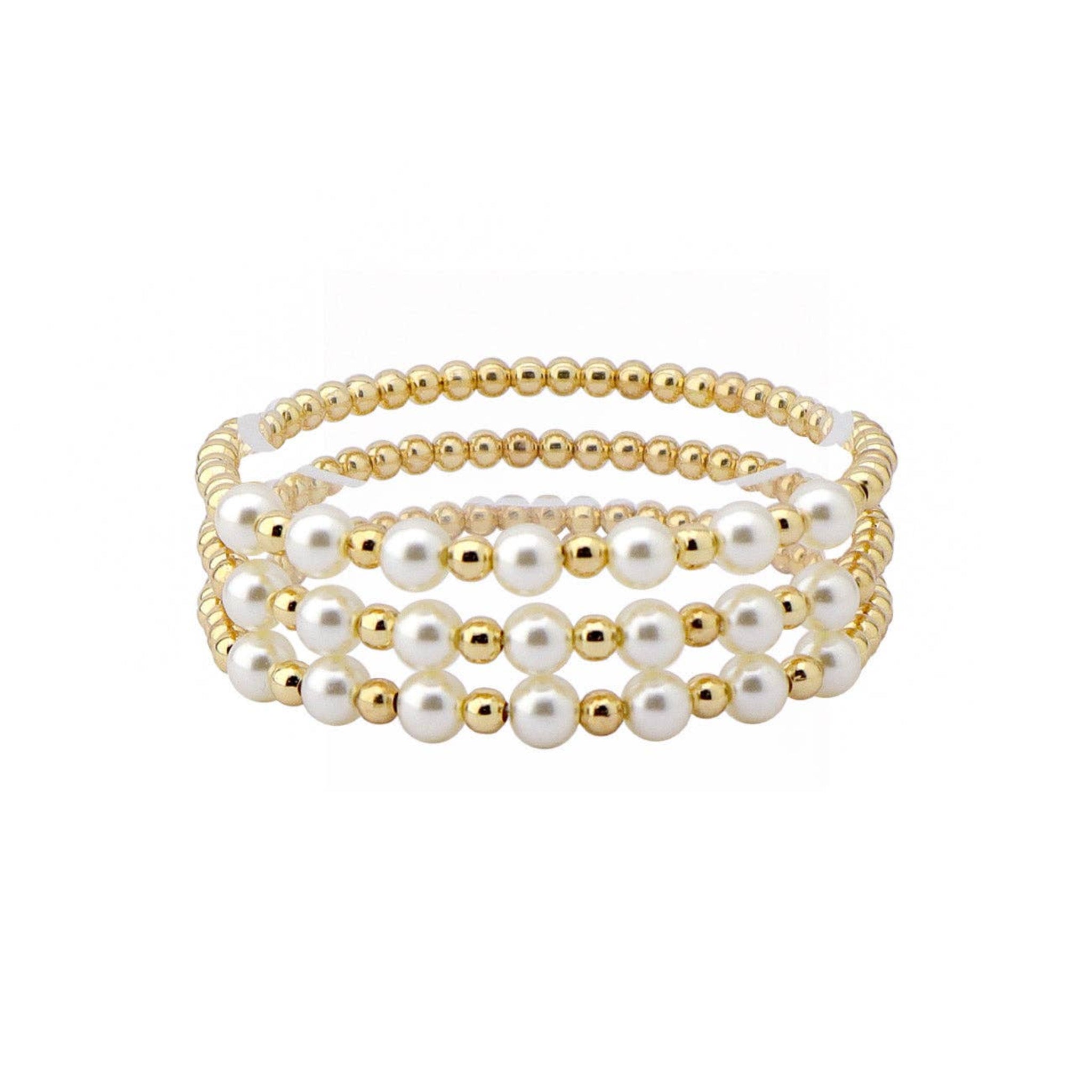 Gold Beaded Stretch Bracelets With Pearls | Set Of 3