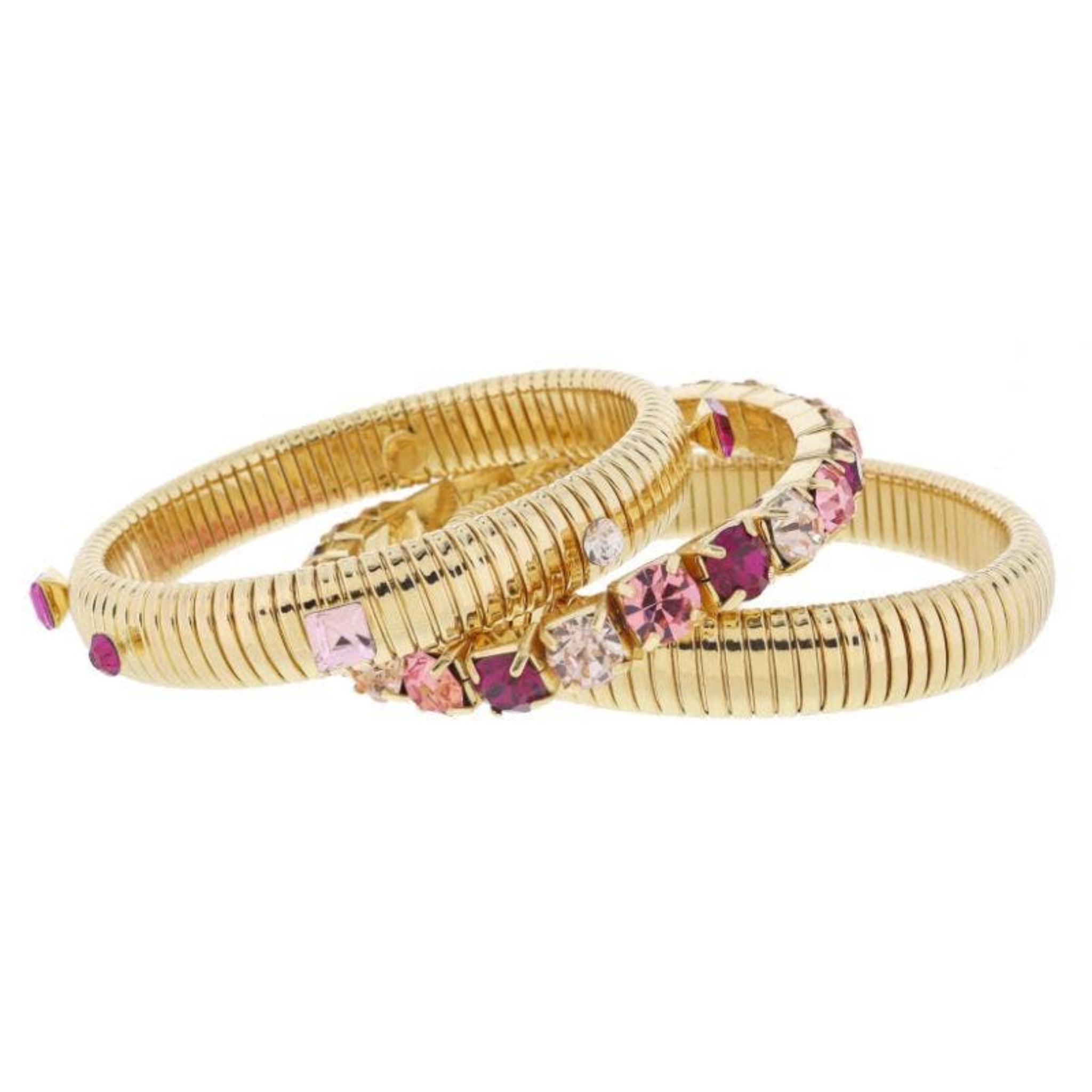 Gold Flex Bangles with Pink Crystal Band Bracelet | Set of 3
