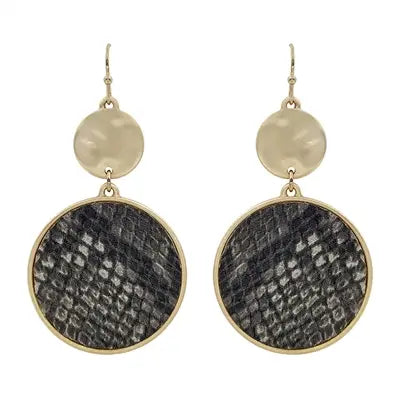 Grey Snake Print and Gold Circle 2" Earring