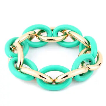 Gold and Mint Color Coated Metal Link 7.5" Stretch Bracelet