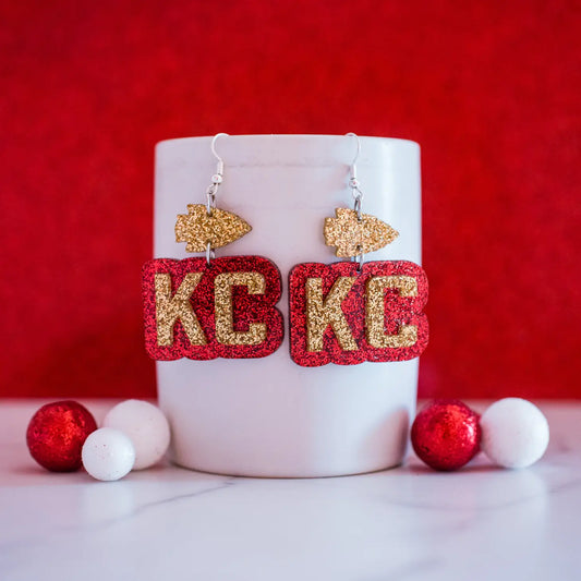 Kansas City Football Glitter Red/Gold Heart Earrings