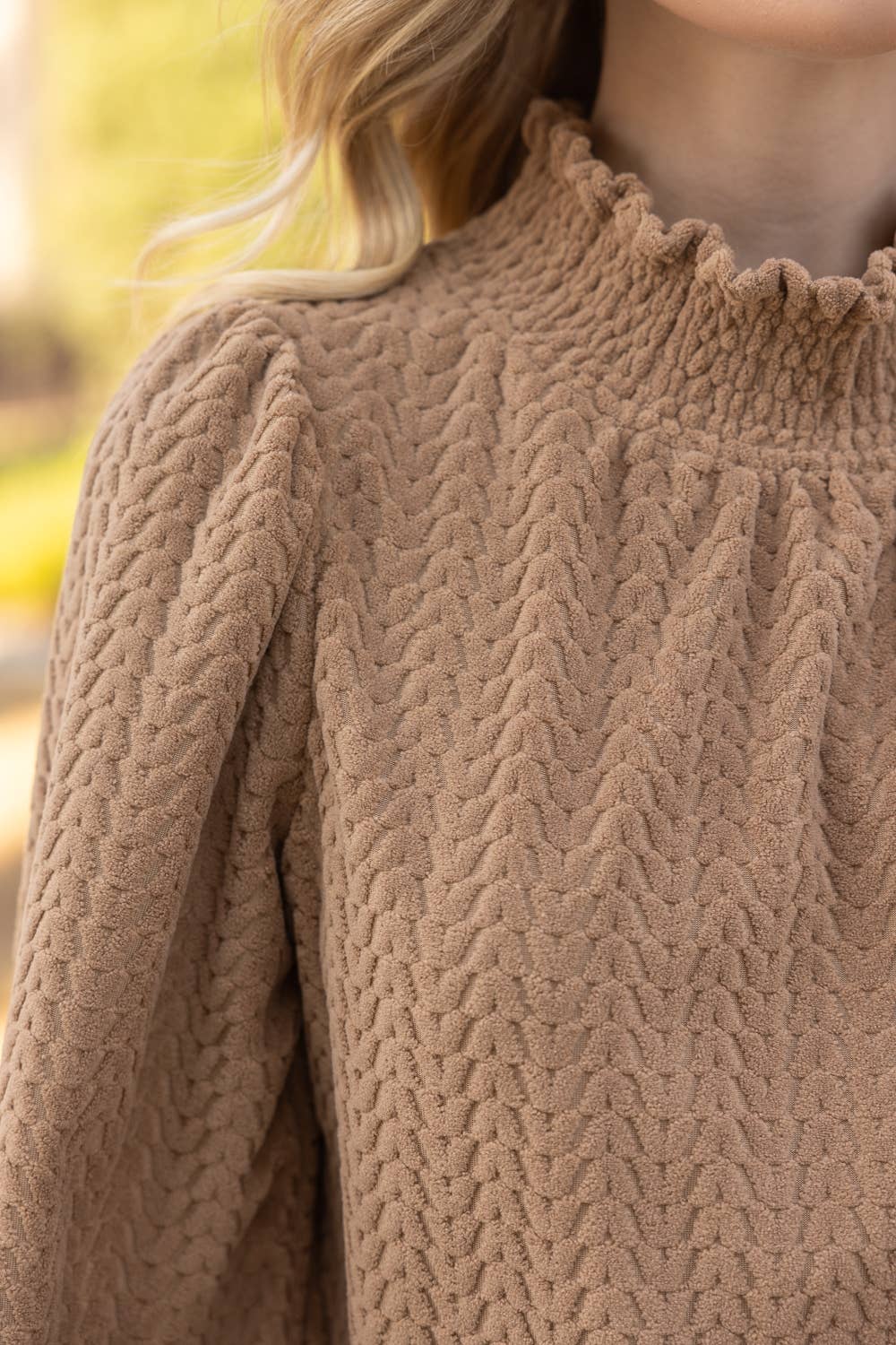 Smocked High Neck Long Sleeve Knit Top | Taupe