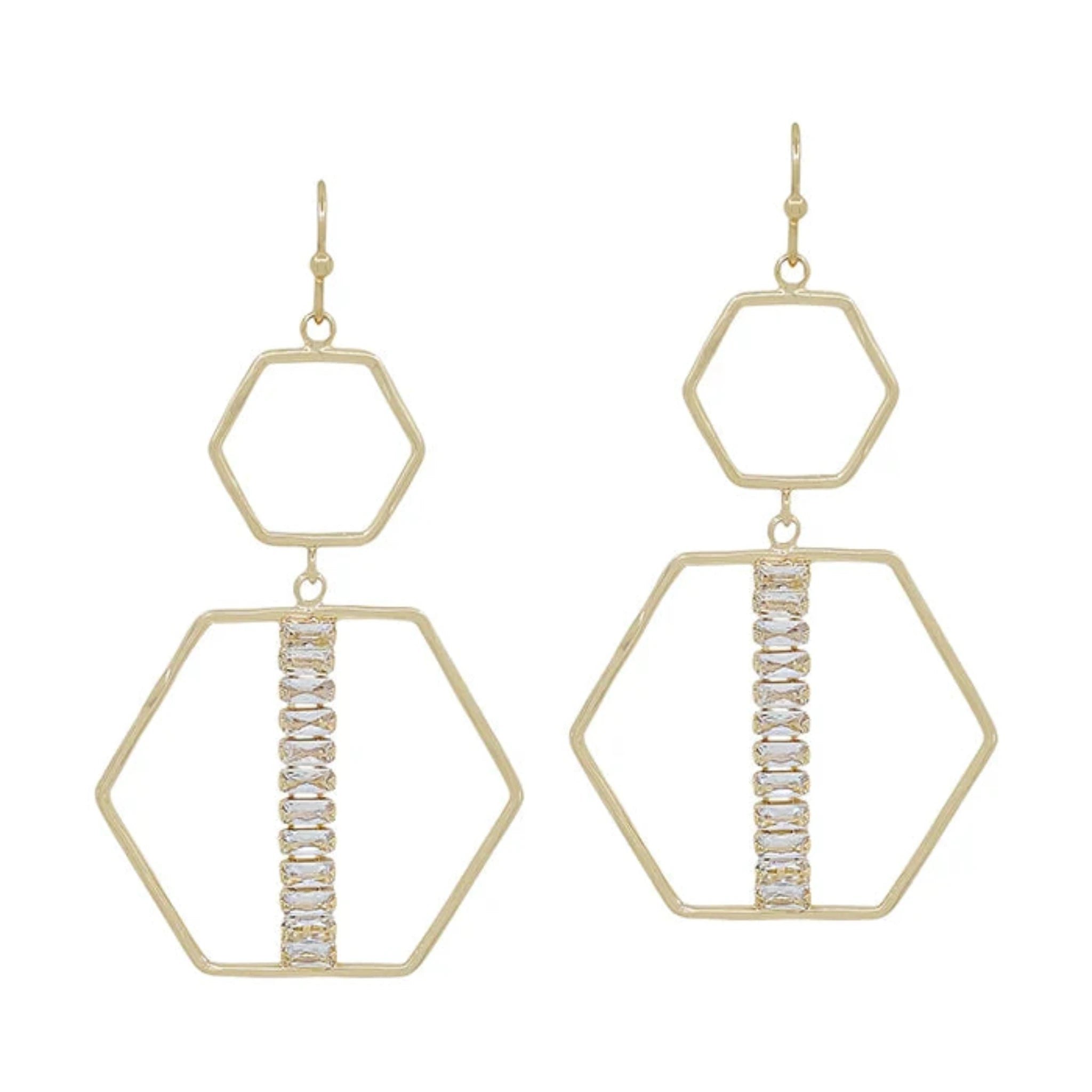 Gold Double Hexagon With Crystal Bar Accent Earrings