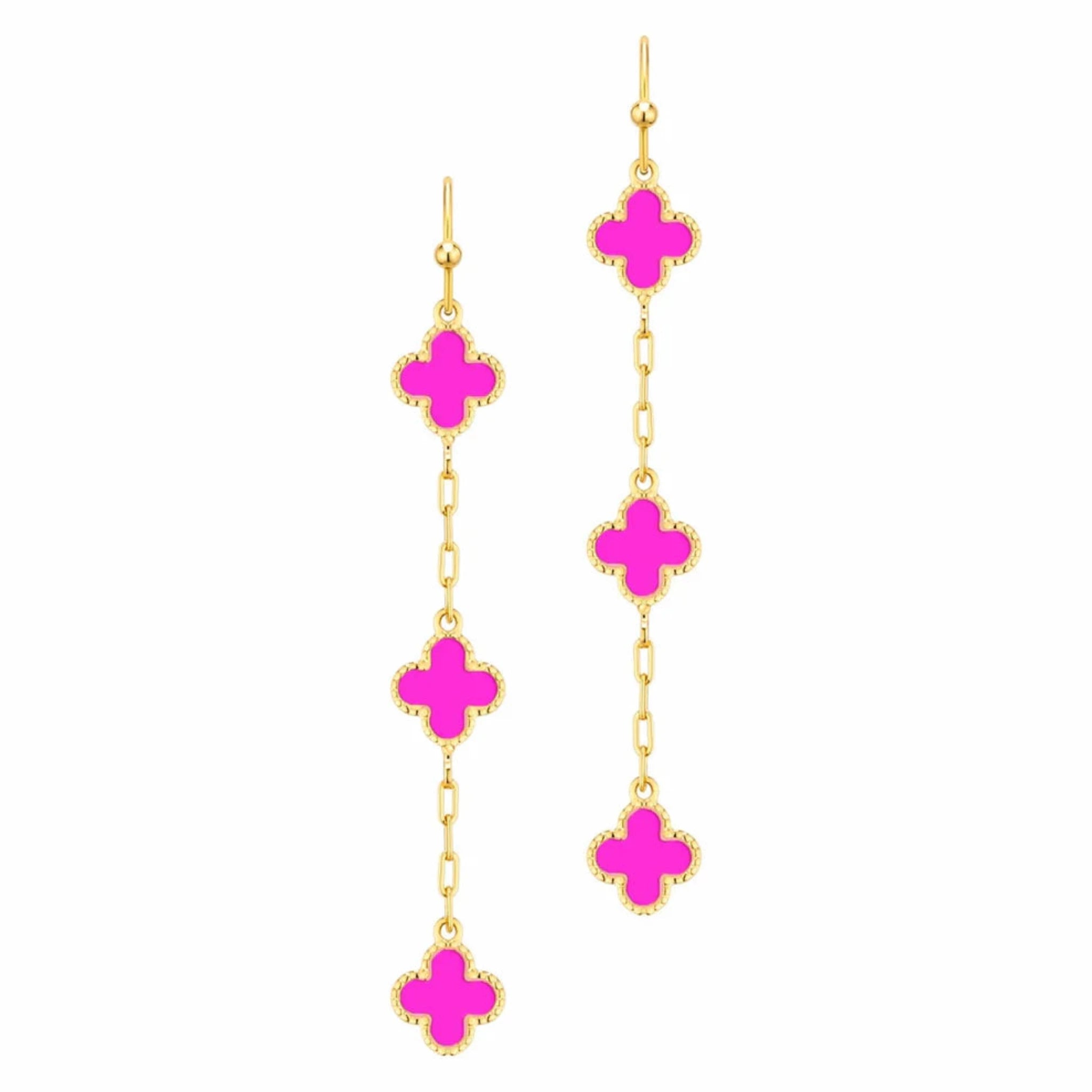 Gold Chain With Hot Pink Clover 2" Earrings