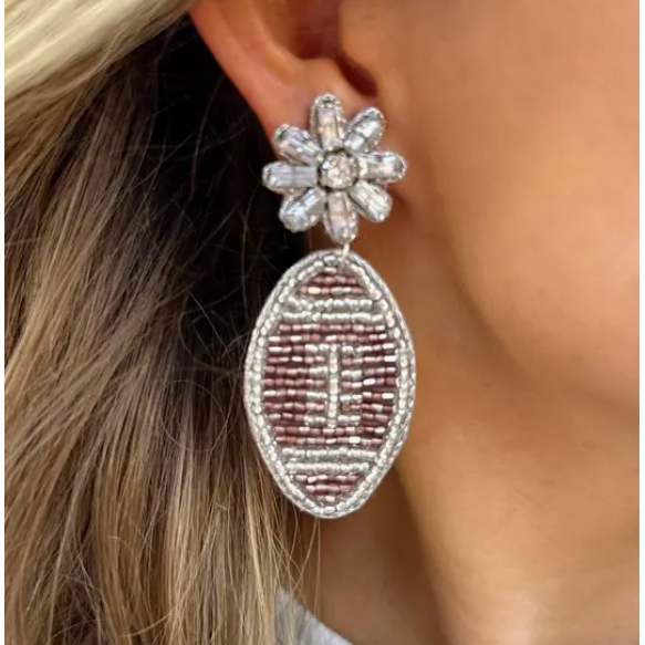 Silver/Brown Sparkle Football Beaded Earrings