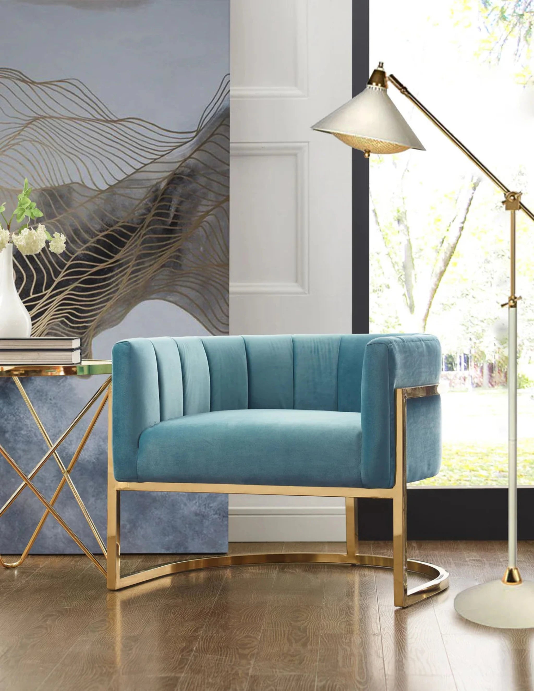 Magnolia Velvet Accent Chair With Gold Base | Sea Blue