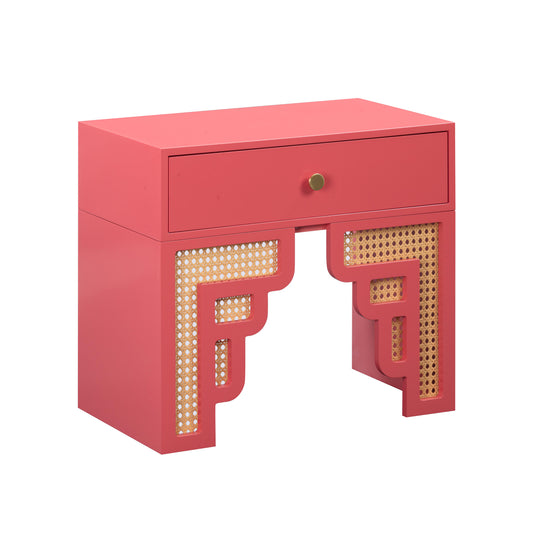 Coral Pink & Rattan Nightstand
