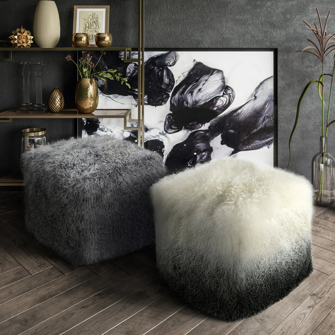 Tibetan Sheep Pouf | White & Grey