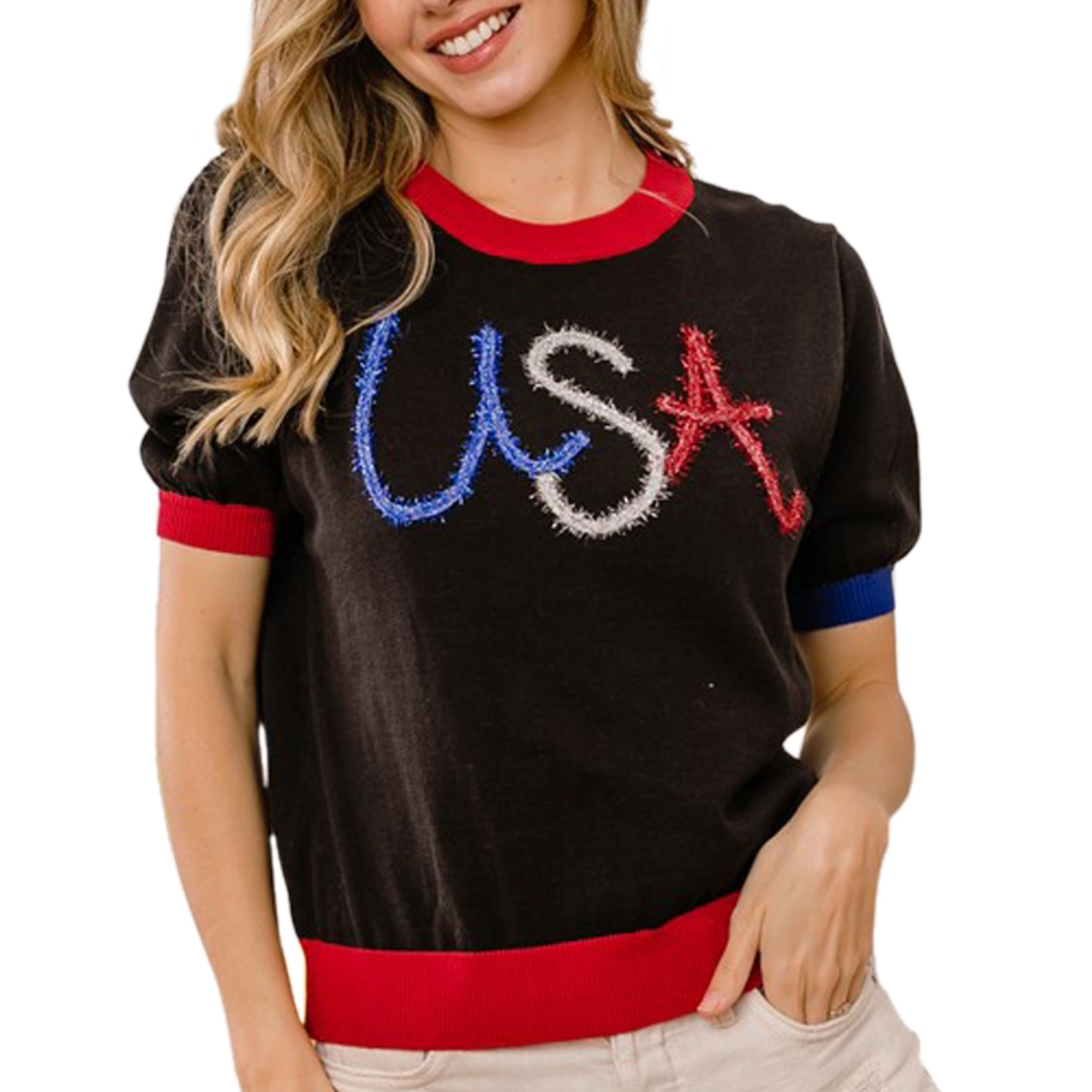 USA Metallic Letter Color Block Knit Top