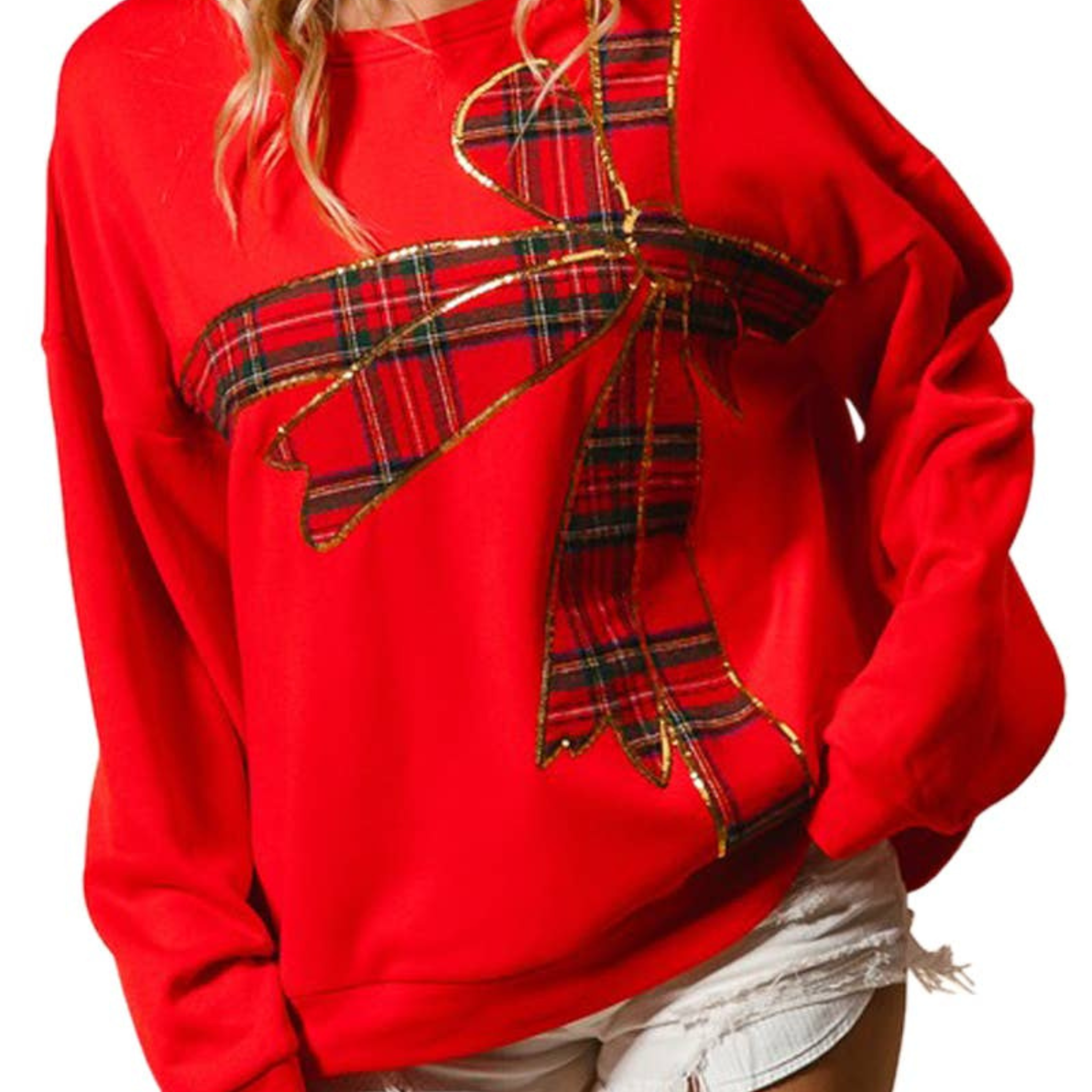 Plaid Ribbon Bow Detail Christmas Fleece Pullover