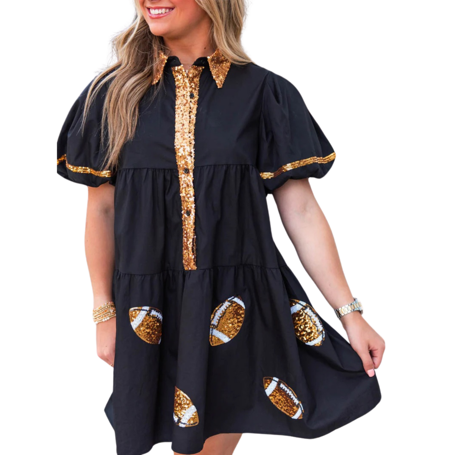 Game Day Sequin Gold Footballs Shirt Dress