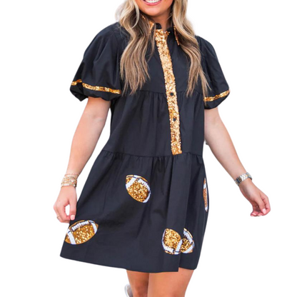 Game Day Sequin Gold Footballs Shirt Dress