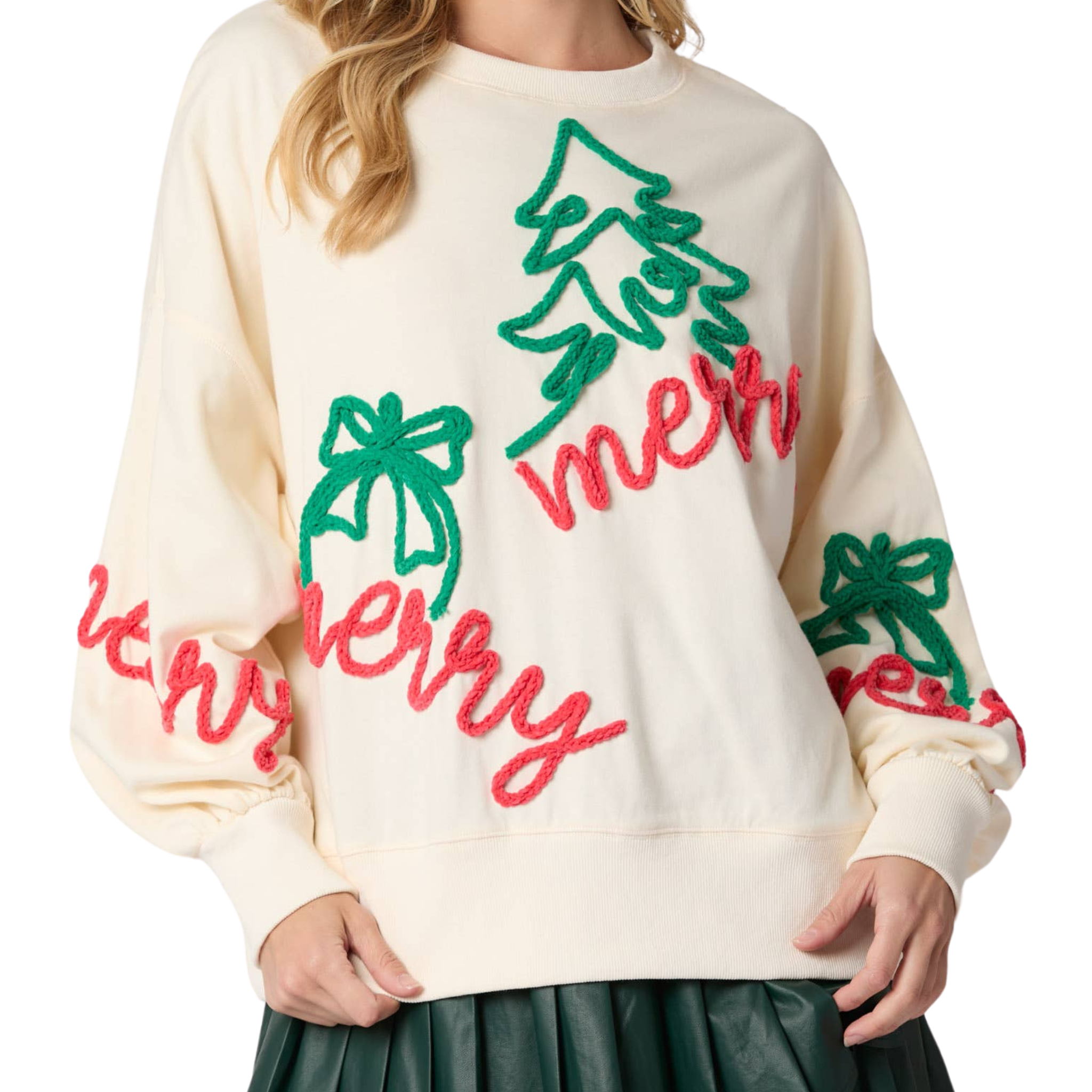 Merry Embroidery Sweatshirt | Cream