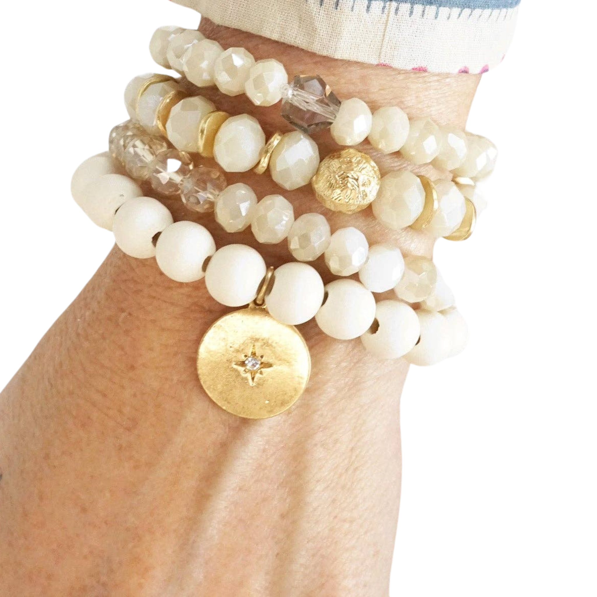 White & Cream Beaded Bracelets With Coin Charm