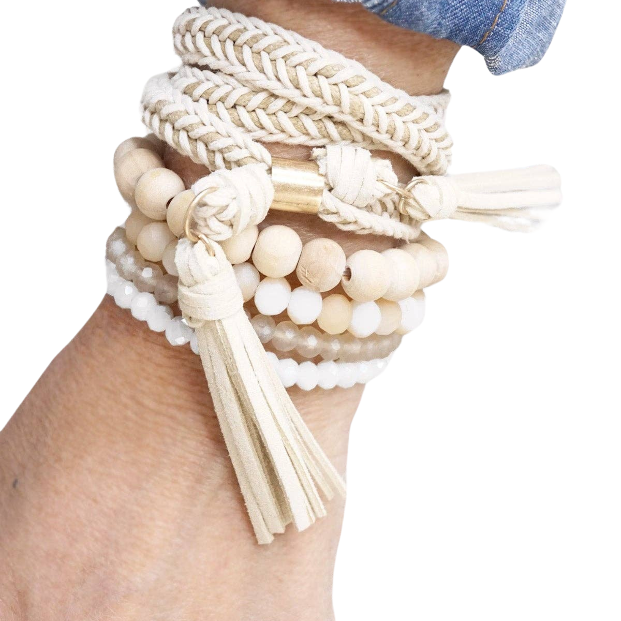 Boho Wrap Tassels & Beads Bracelet Stack | Cream