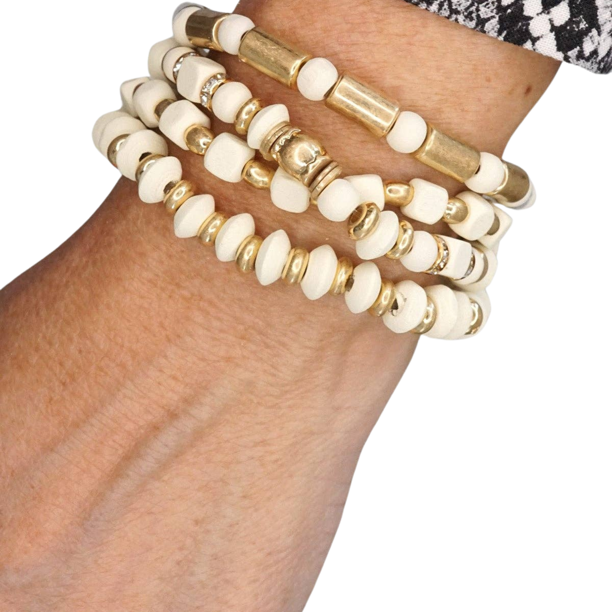 Cream and Gold tone Bracelet stack Wood beads Multi shape