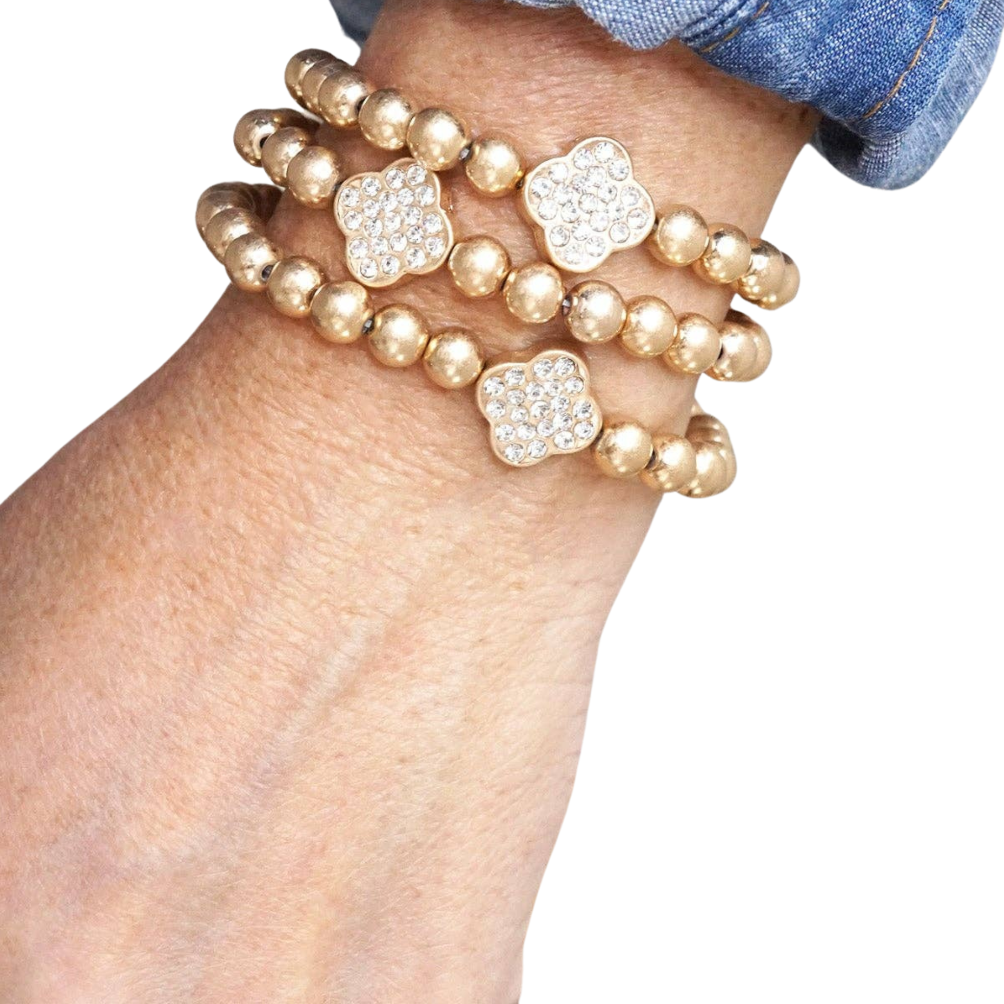 Crystal Clover & Gold Beads Bracelet Stack