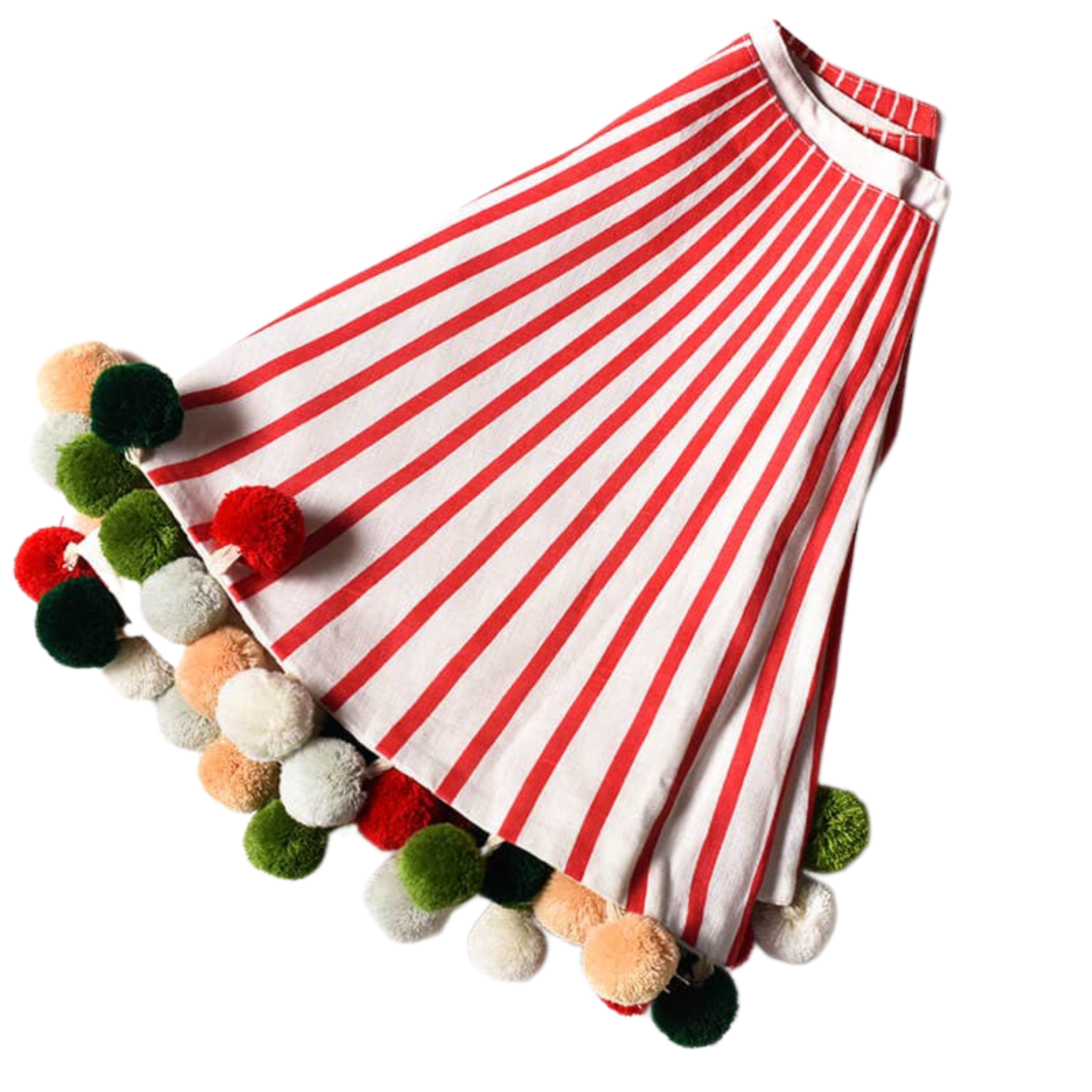 Red Stripe Tree Skirt with Pom Poms