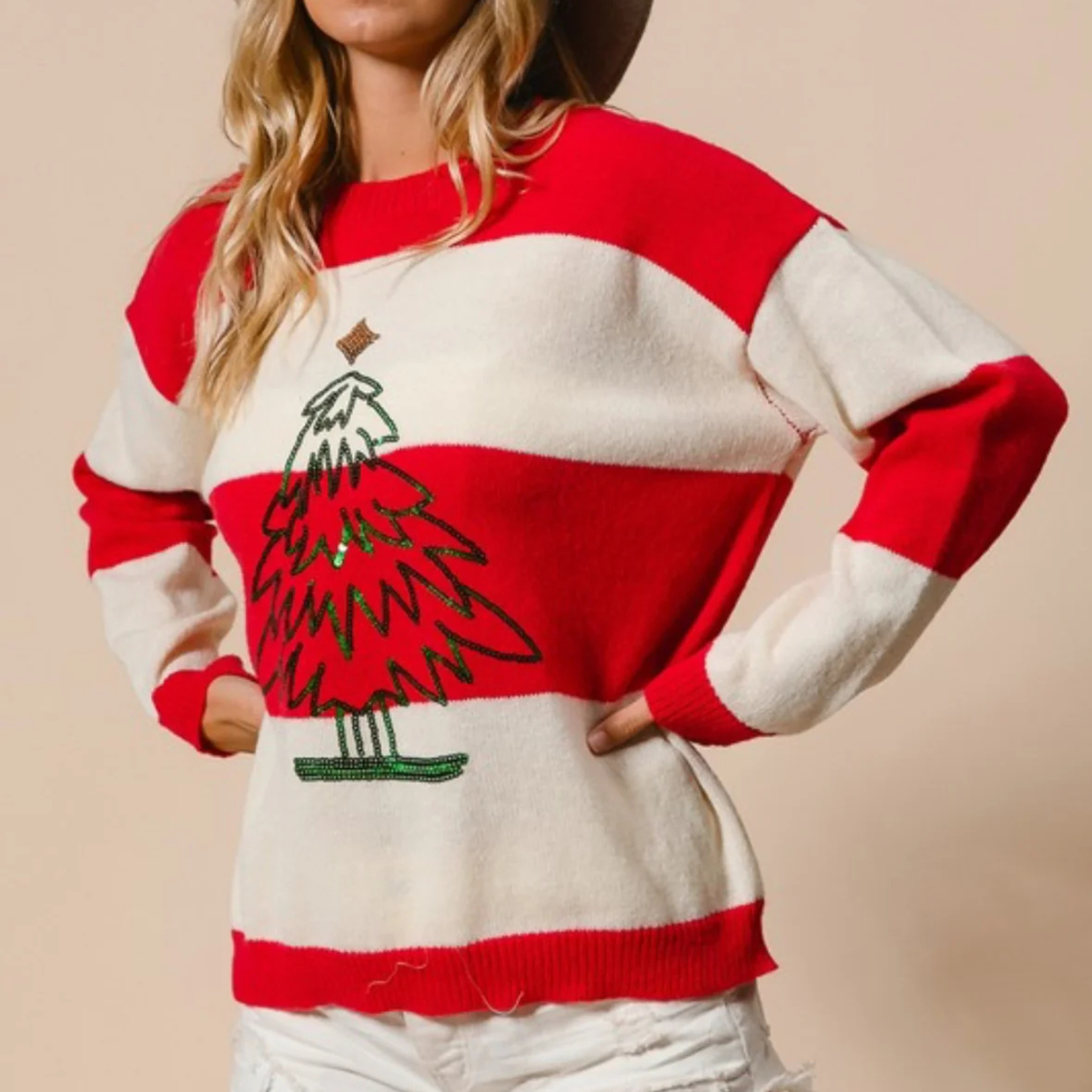 Stripe Sweater Top With Tree Sequins