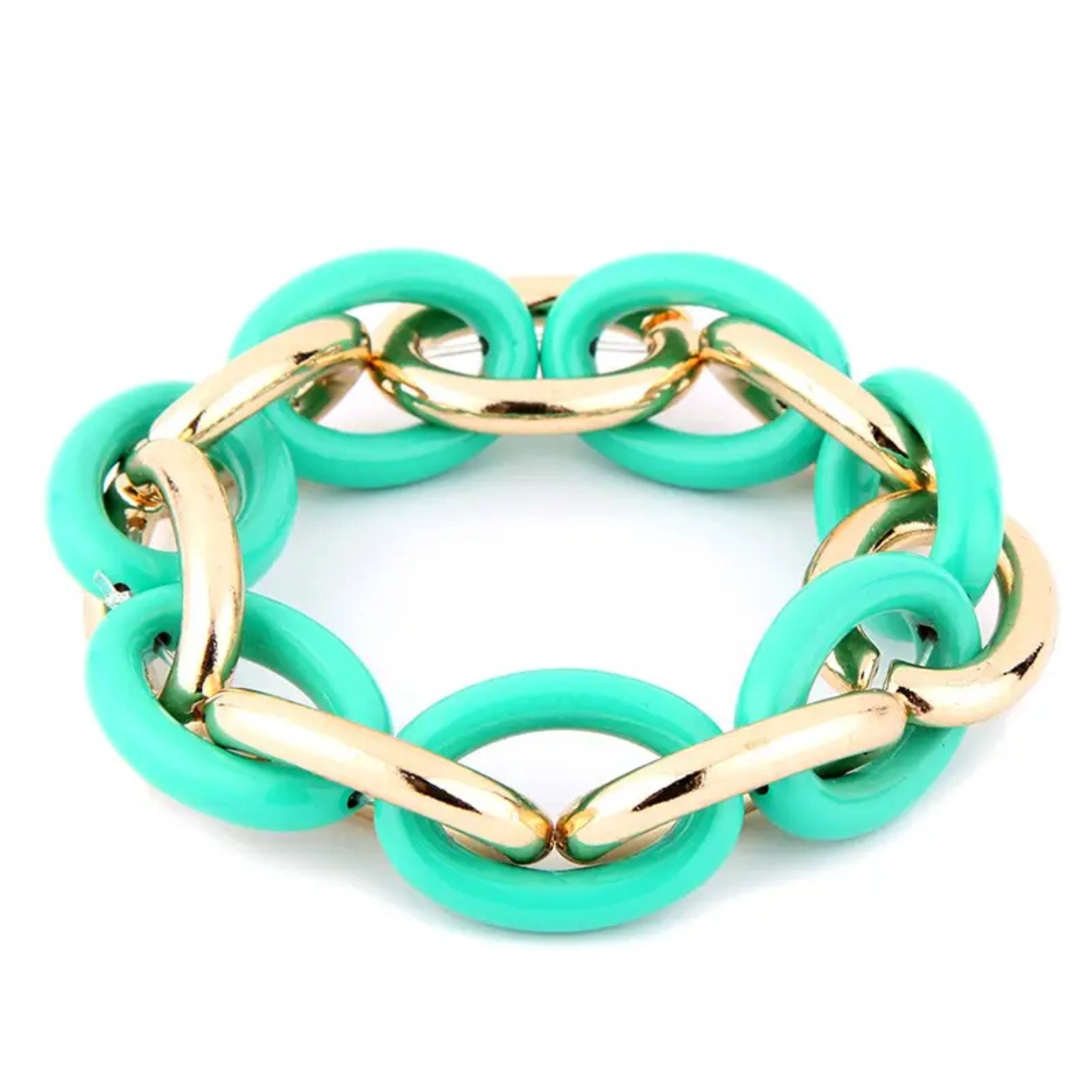 Gold and Mint Color Coated Metal Link | 7.5" Stretch Bracelet