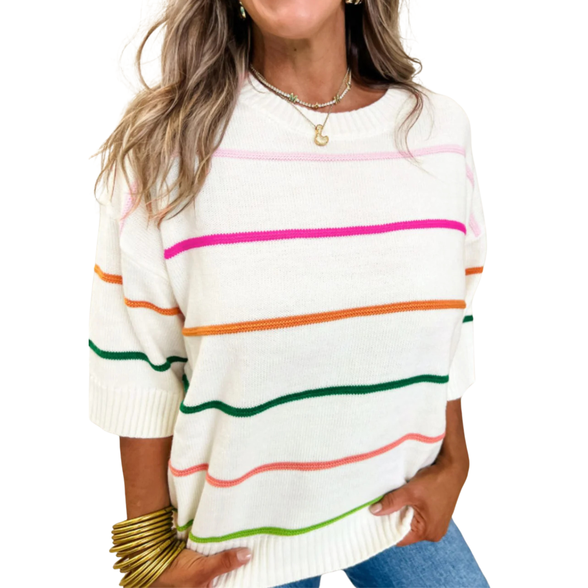 Colorblock Stripe Drop Shoulder Sweater | White